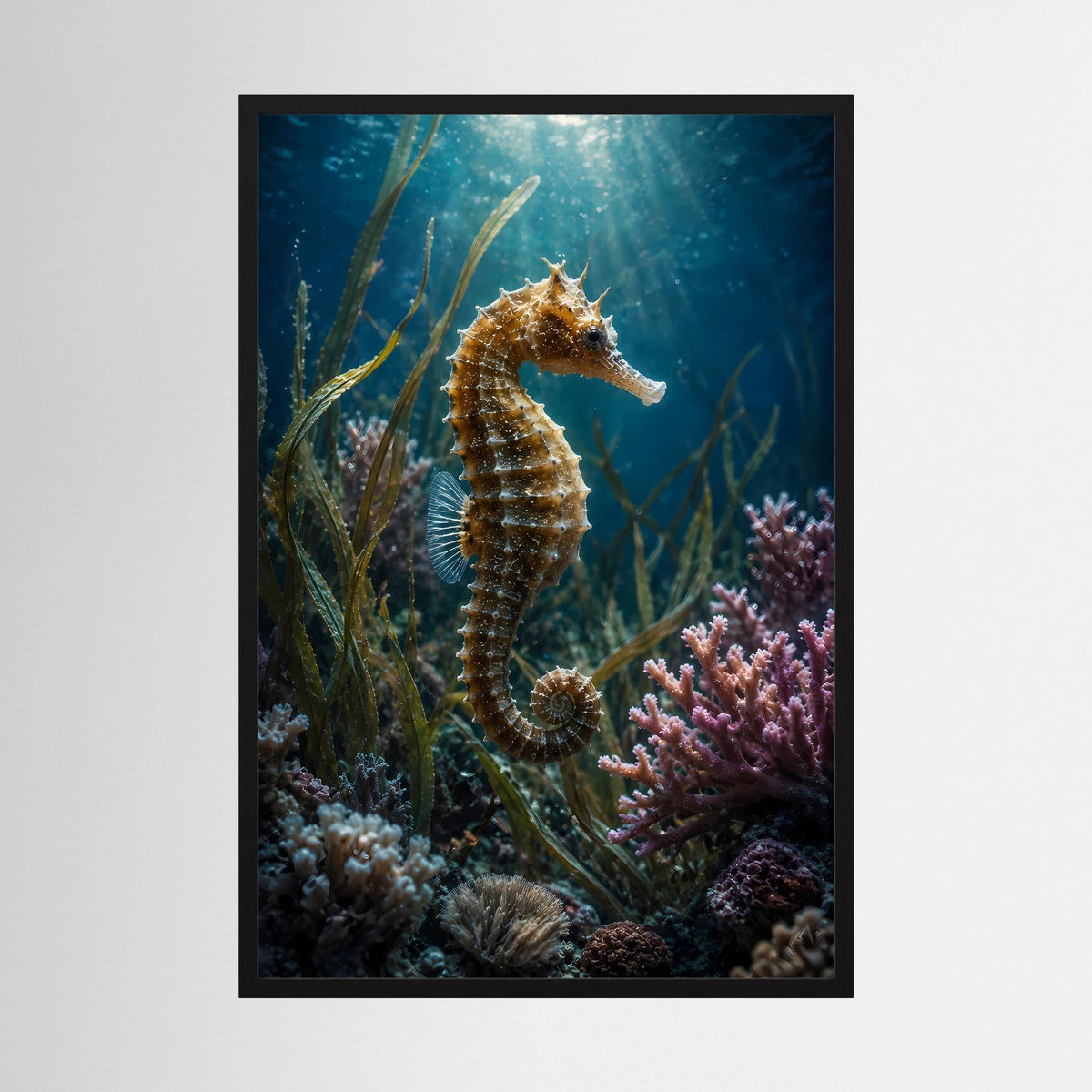 Poster im Hochformat mit Seepferdchen im Korallenriff, schwarzer Rahmen