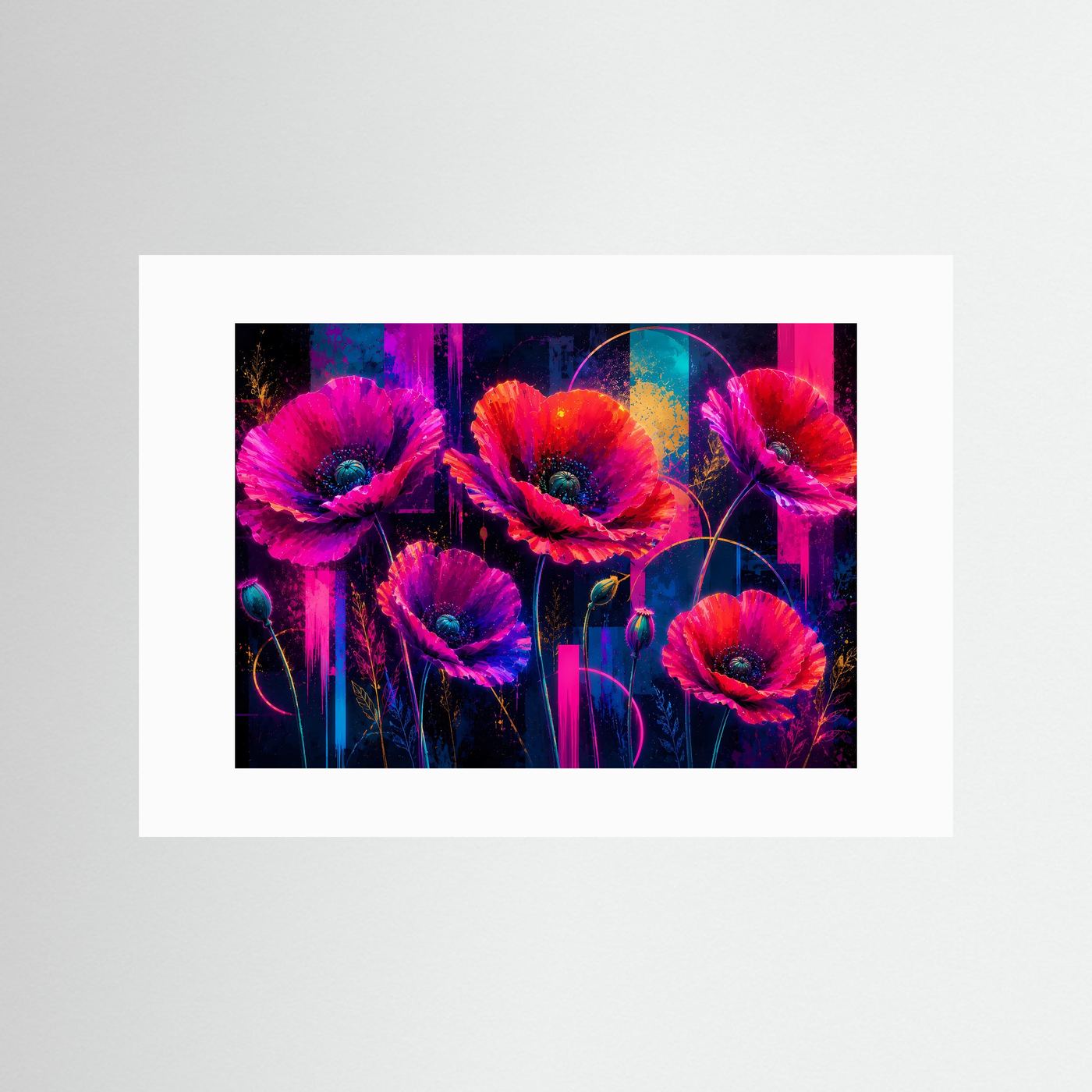 Leuchtende Mohnblumen in Neonfarben | Abstrakte Blumen Kunst & Wandbild