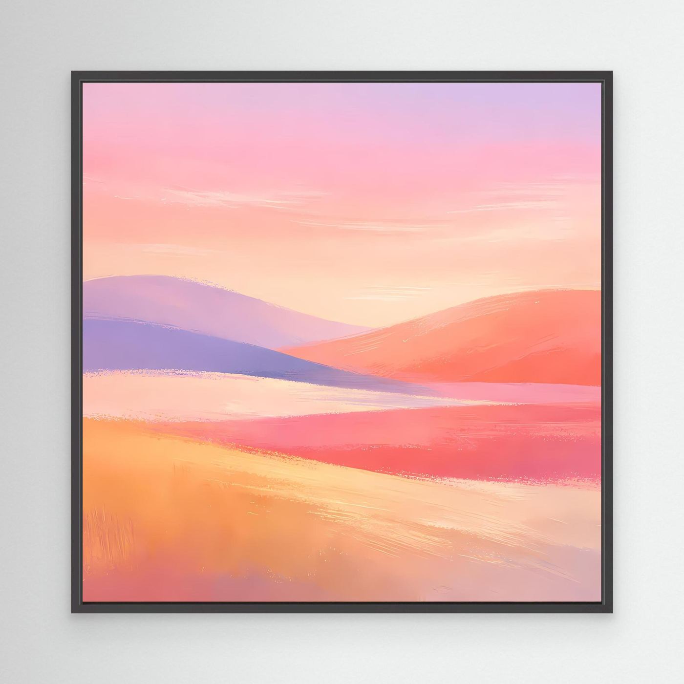 Leinwandbild mit abstrakter Hügellandschaft in Pastellfarben im schwarzen Rahmen: Rosa, Lila, Orange.