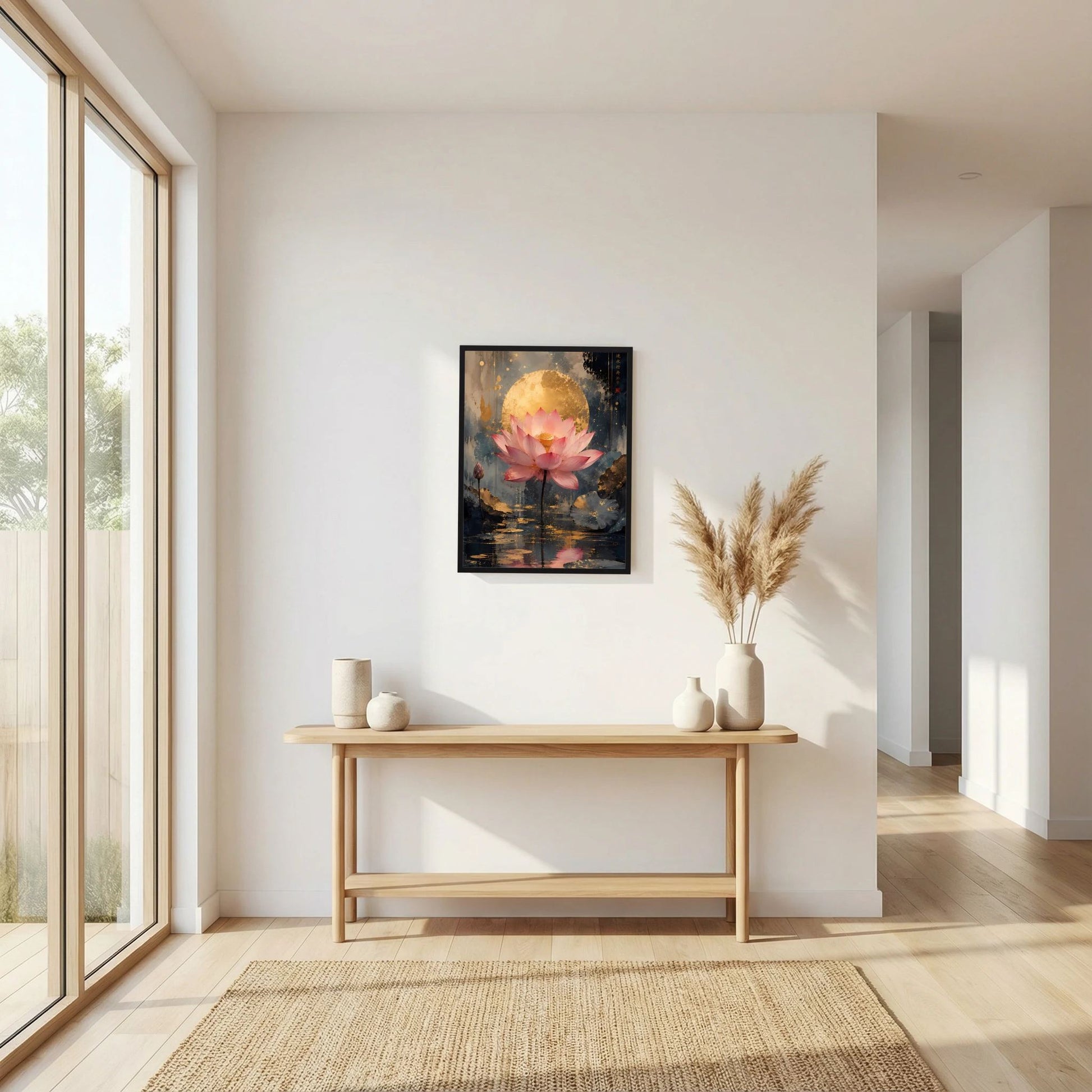 Gerahmtes Hochformat-Poster mit rosa Lotusblüte, goldener Lichtscheibe und dunklem Hintergrund