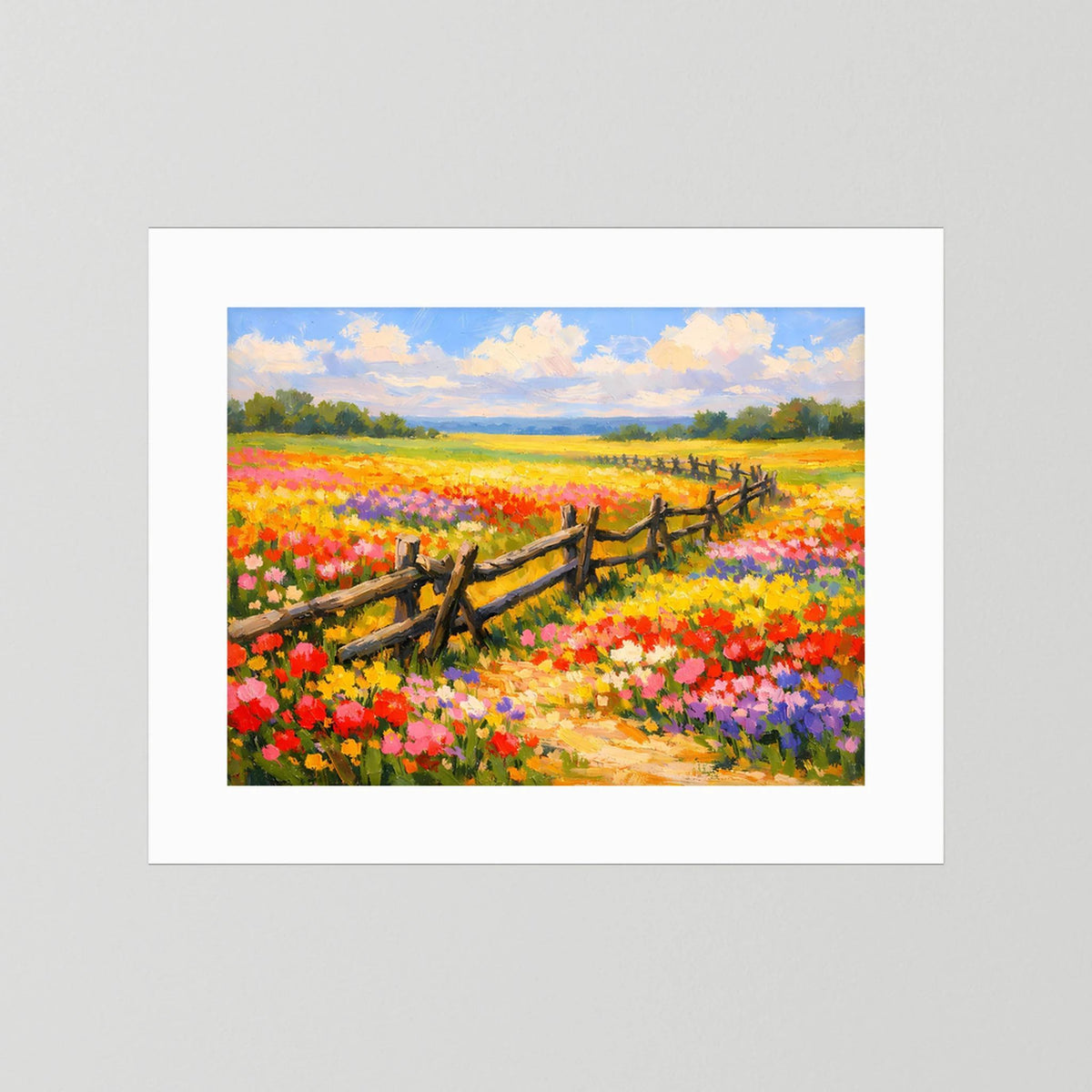 Wandbild im Querformat mit weißem Passepartout: Blumenwiese mit Holzzaun