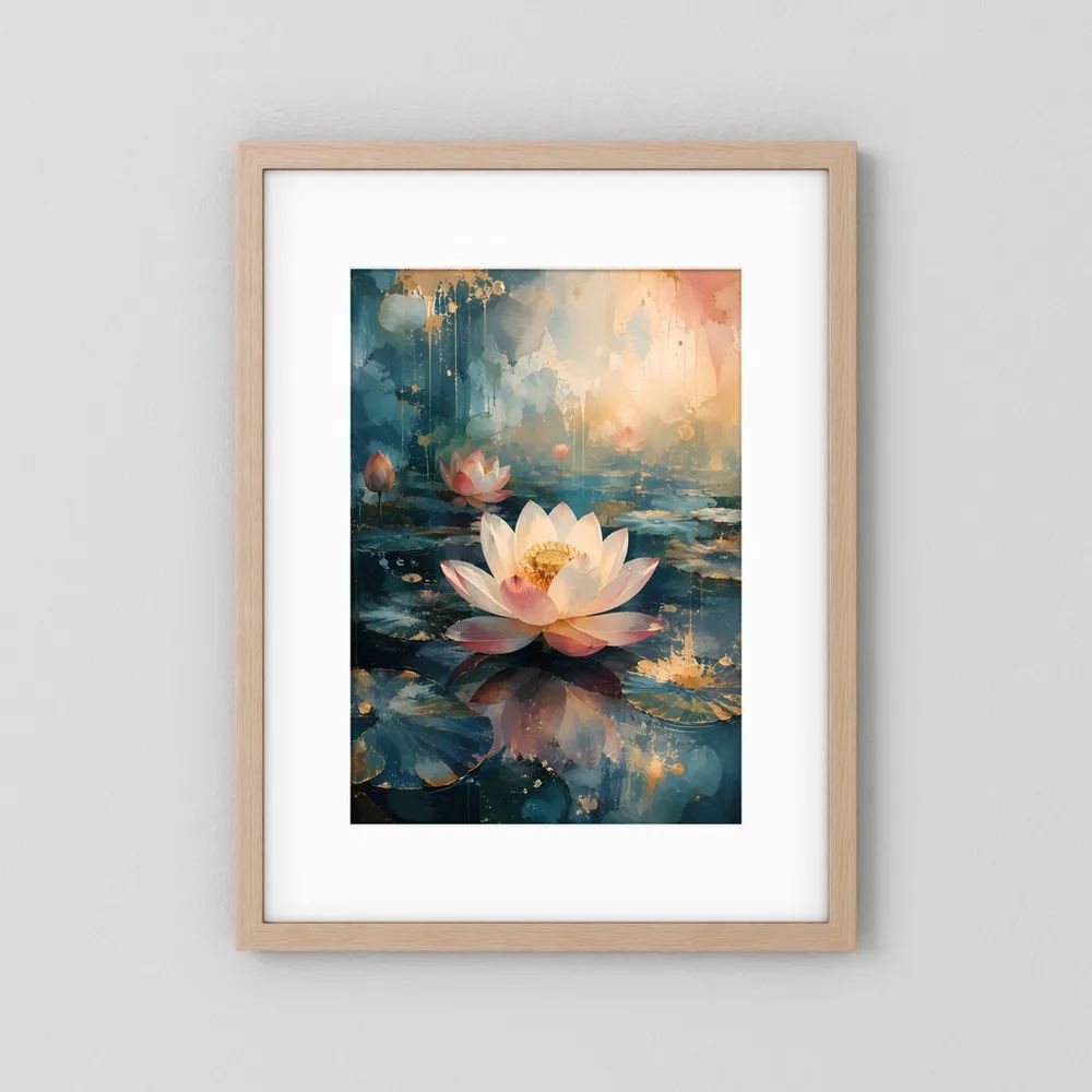 Hochformatiges Lotus-Kunstposter im hellen Holzrahmen, weiße und rosafarbene Blüten, goldene Lichtpunkte