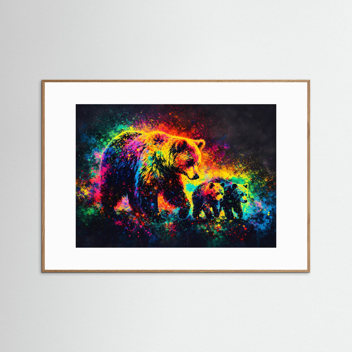Tierposter mit Bärenfamilie im Pop-Art-Splash, naturfarbener Holzrahmen, Querformat
