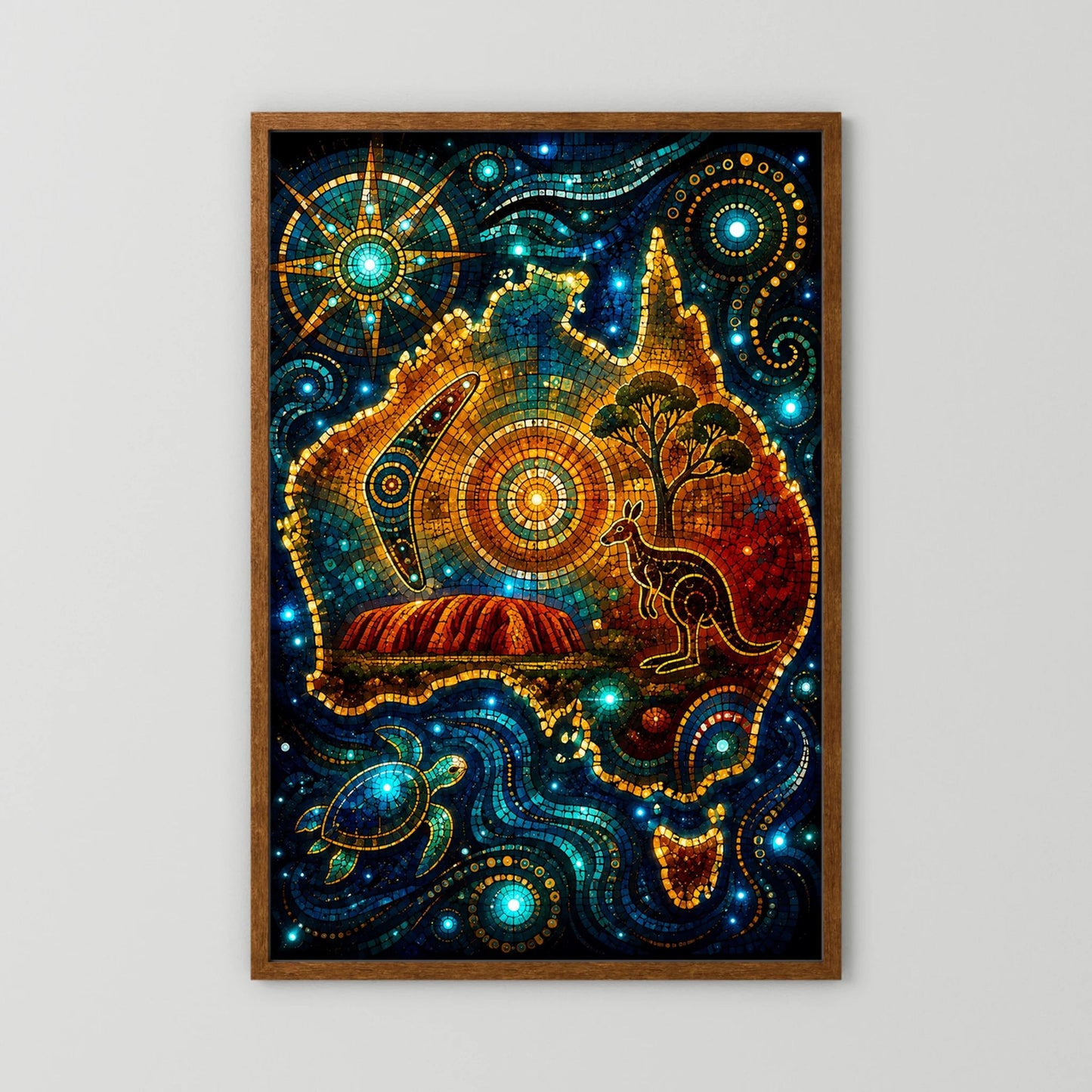 Mosaik-Poster im Hochformat mit Känguru, Uluru und Meeresschildkröte, Holzrahmen