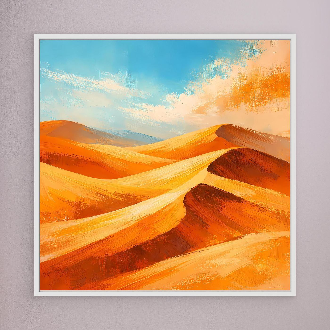 Abstract dune canvas wall art, white frame; orange/gold strokes over blue sky