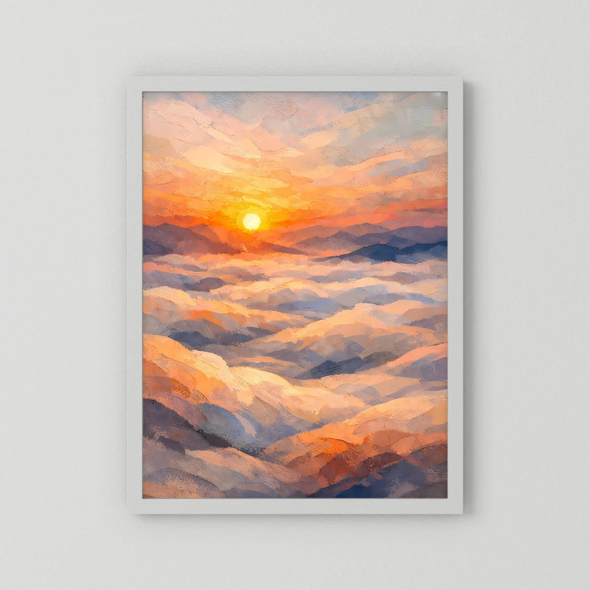 Hochformatiges Poster mit Sonnenuntergang über Wolken in Pastellfarben, heller Rand.