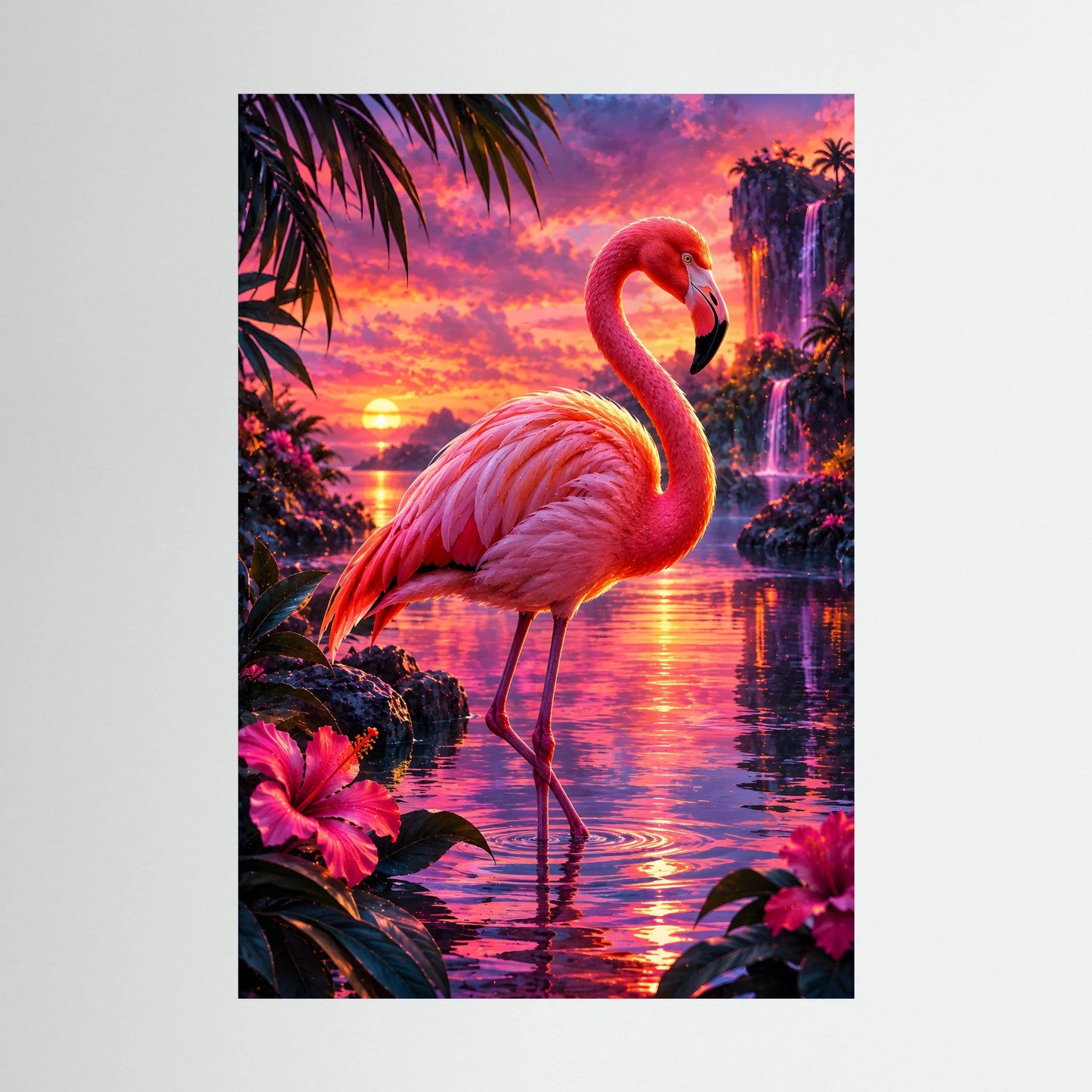 Flamingo-Tierposter ohne Rahmen: pinker Flamingo am tropischen Wasser im Sonnenuntergang