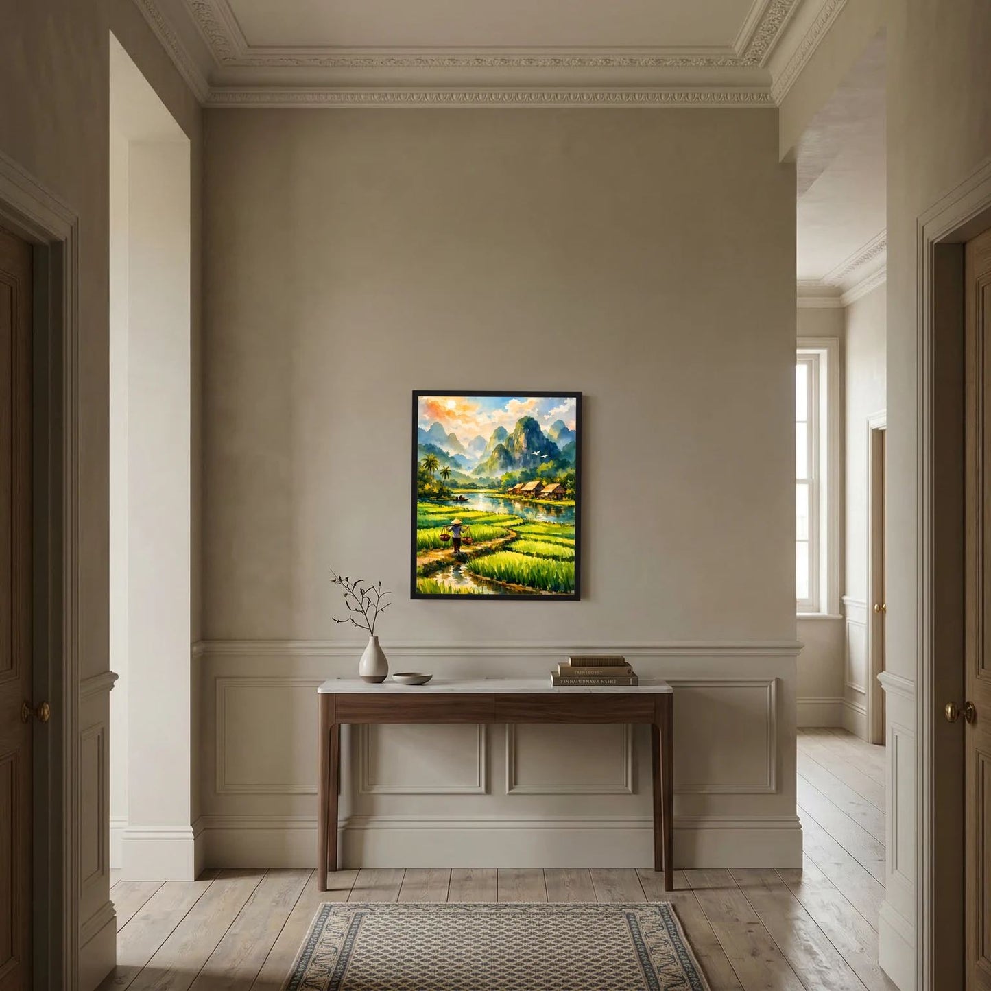 Wandbild mit grünen Reisfeldern, Fluss und Dorf in tropischer Berglandschaft