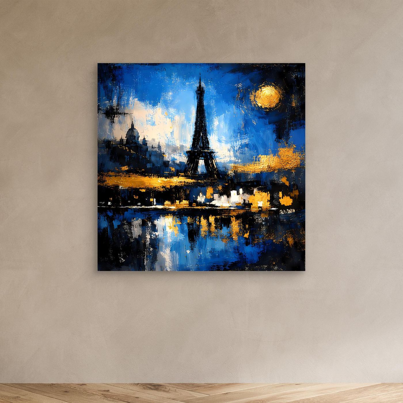 Abstraktes Wandbild: Eiffelturm bei Nacht, Blau und Dunkel, gelber Mond, Spiegelbild im Wasser