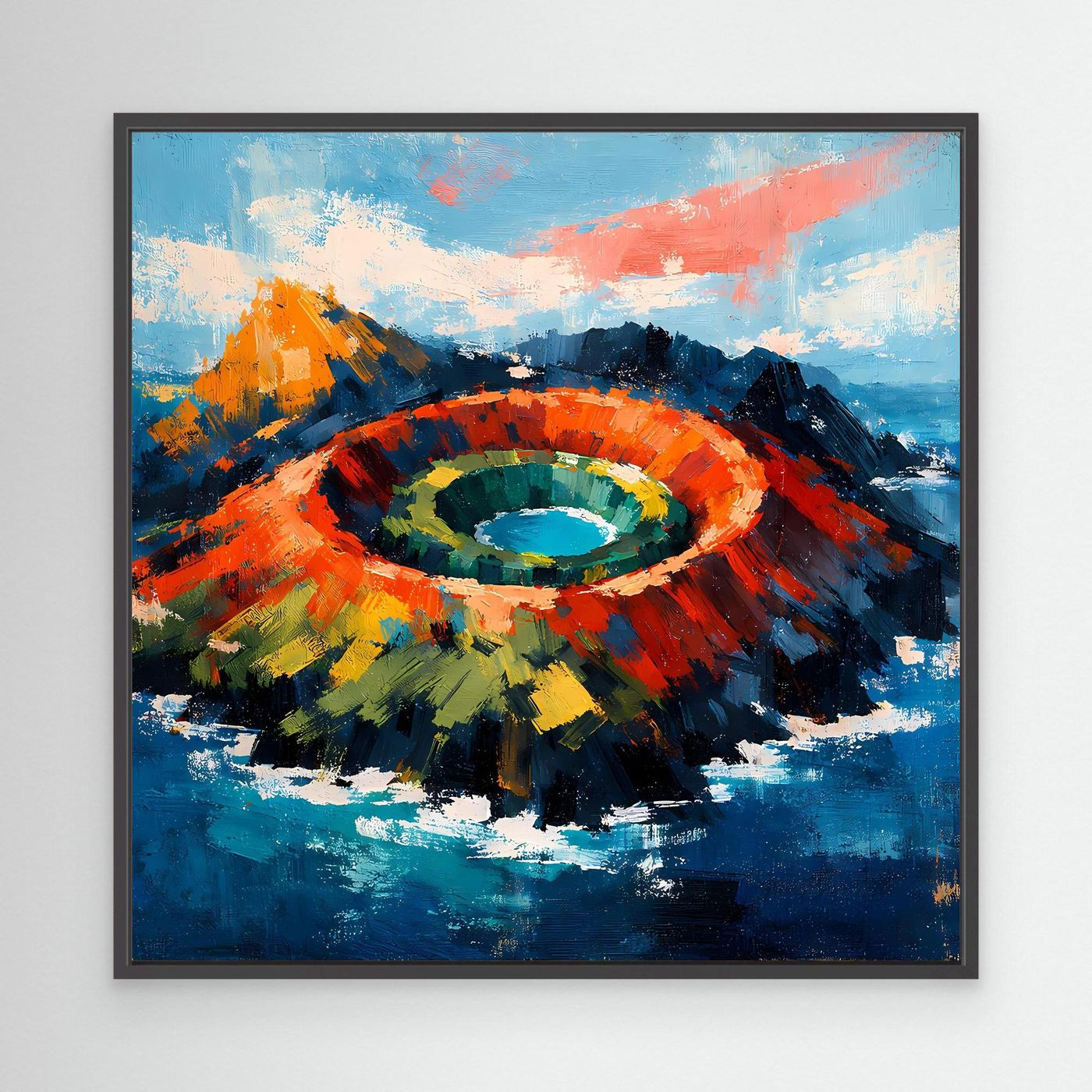 Abstraktes Leinwand-Wandbild mit Vulkankrater im Meer, kräftige Farben, schwarzer Rahmen