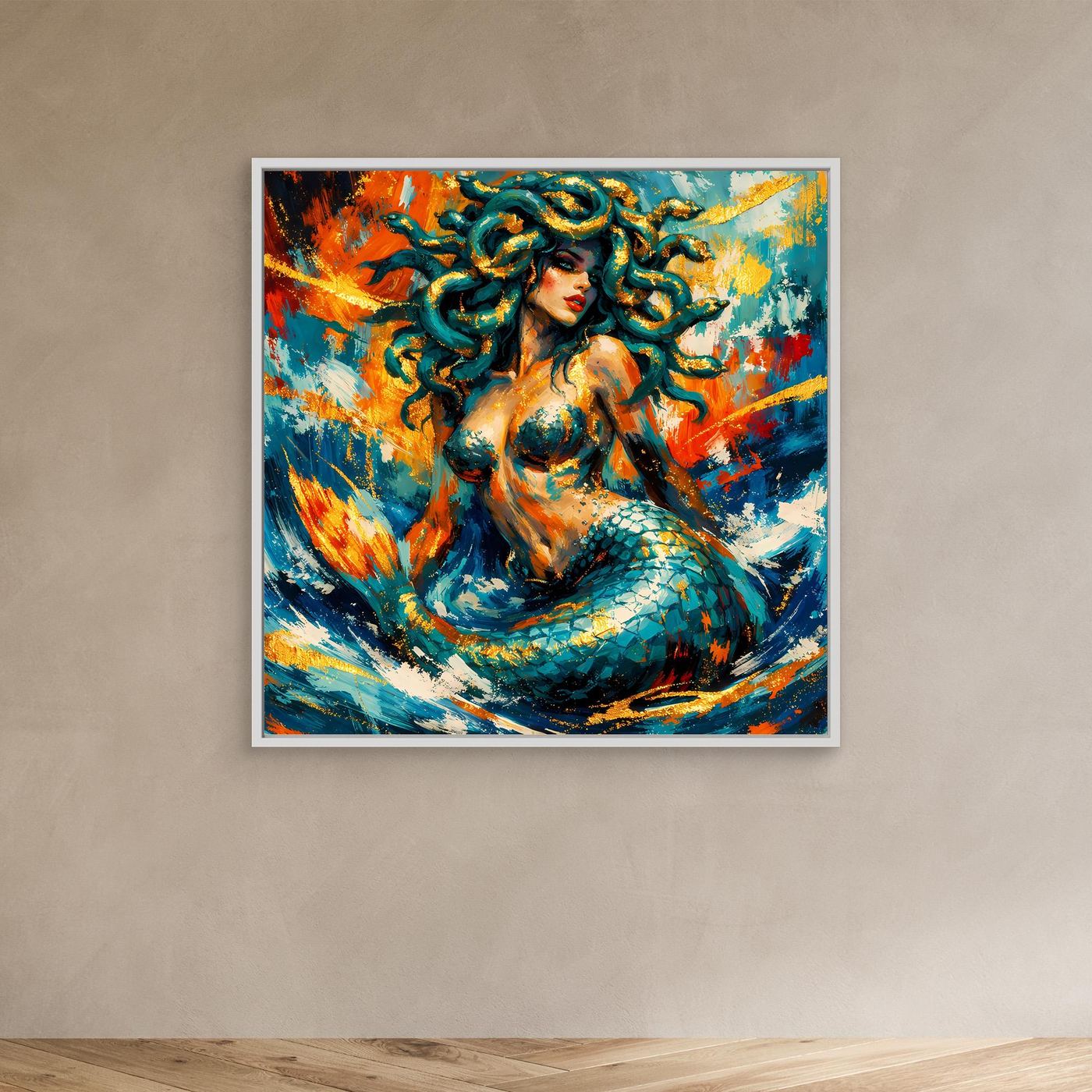 Leinwandbild Medusa-Meerjungfrau, abstrakte Blau-Orange-Optik, Rahmen im Holzton.