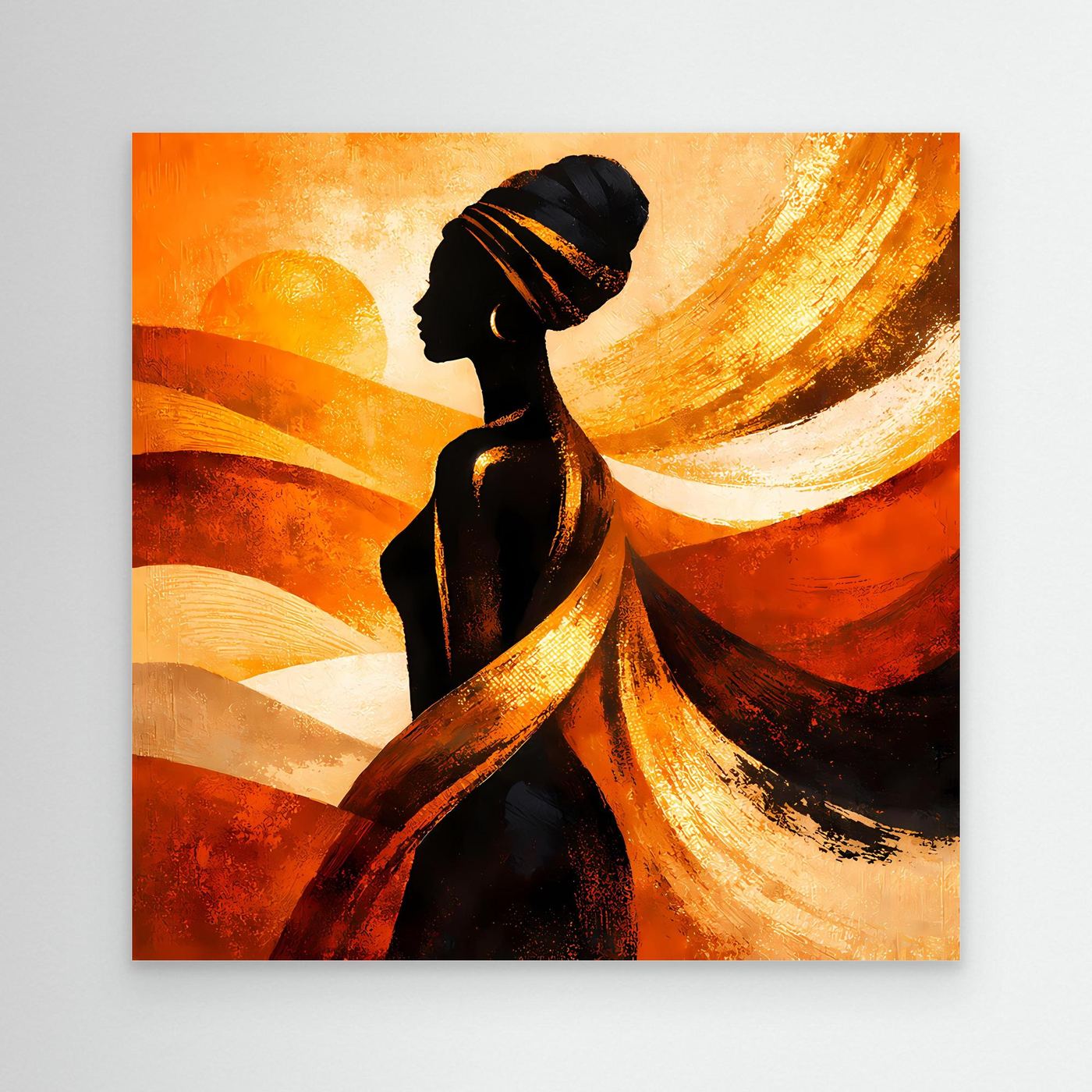 Leinwandbild mit Silhouette afrikanischer Frau, Gold-Orange Abstrakt mit Sonnenbogen, schwarzer Rahmen