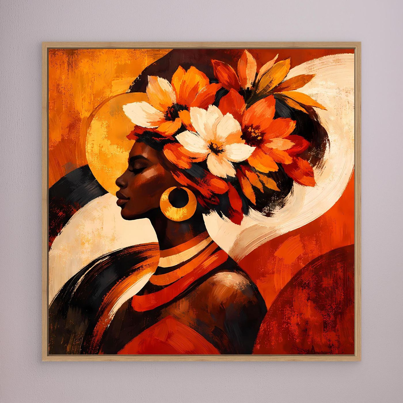 Gerahmtes Leinwandbild: Frauenporträt im Profil mit Blumenkranz in warmen Orange-Rot-Tönen