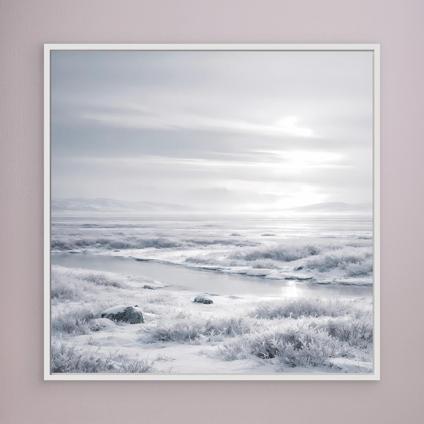 Leinwandbild mit verschneiter Winterlandschaft, weiß eingefasst