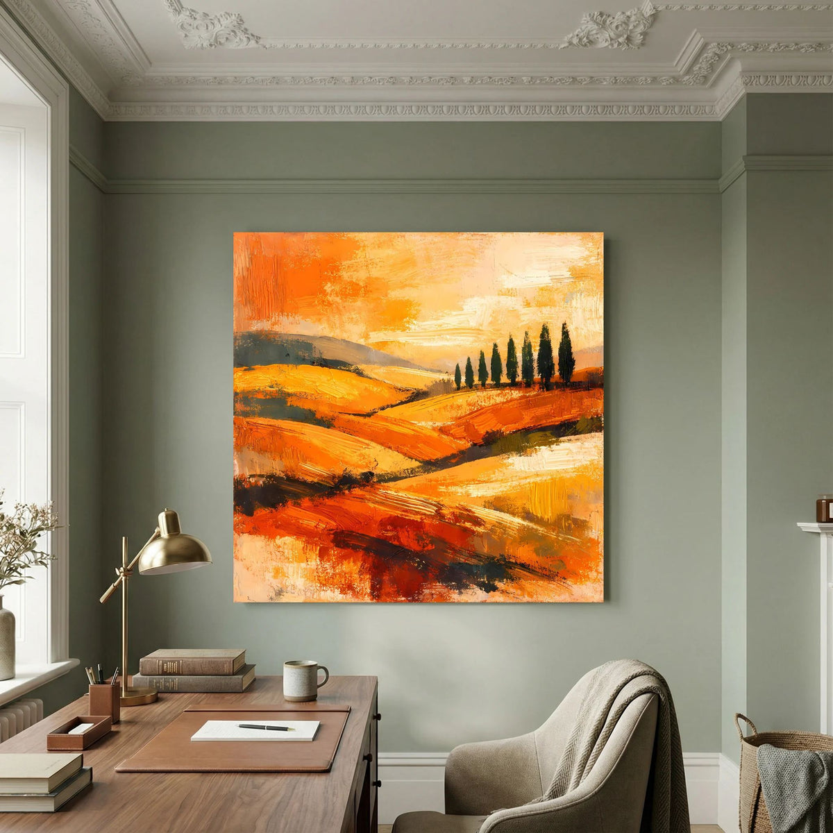 Abstraktes Leinwand-Wandbild mit orangefarbenen Hügeln und Zypressen, rechteckig