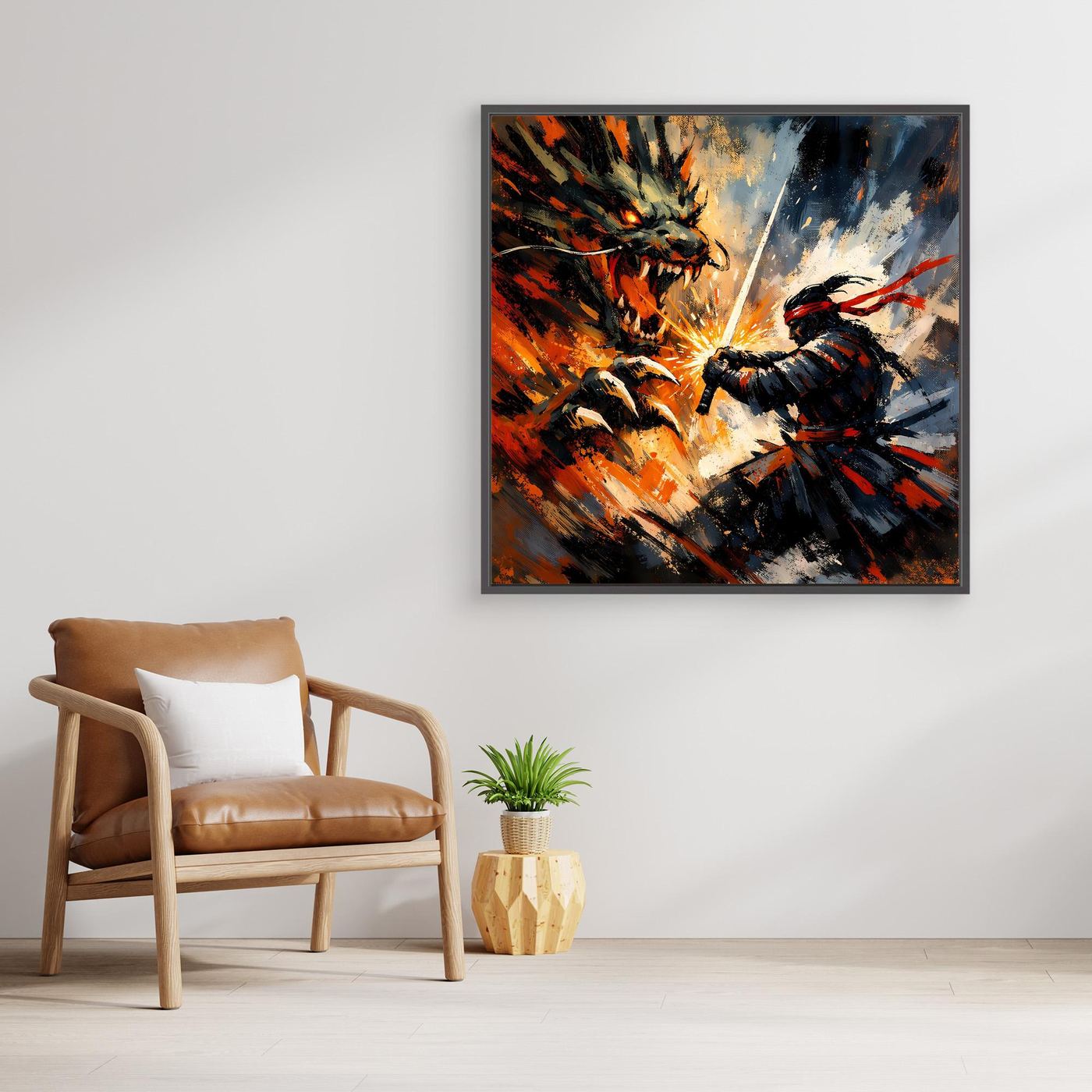 Premium Leinwand Samurai gegen Drache | Abstraktes Fantasy Wandbild Voller Dynamik & Kampfgeist