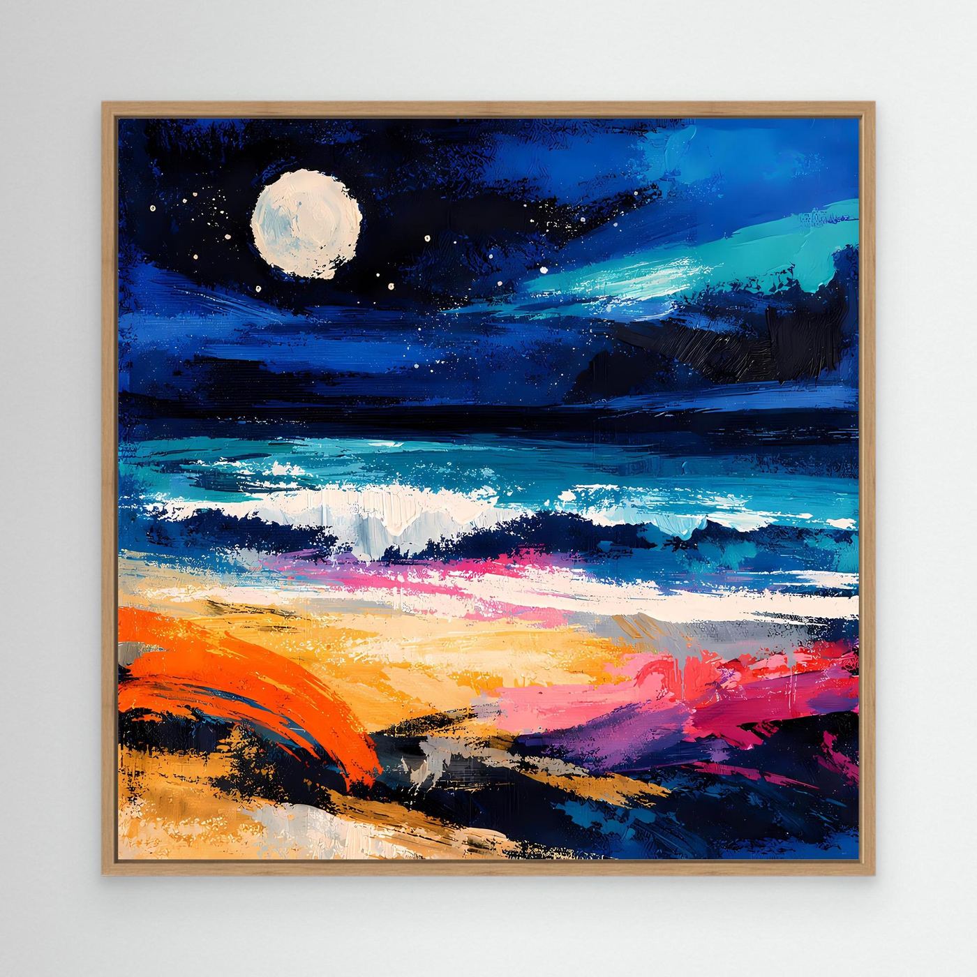 Abstraktes Leinwand-Wandbild mit hellem Vollmond über dem Meer, Holzrahmen, Blau-Orange-Farben