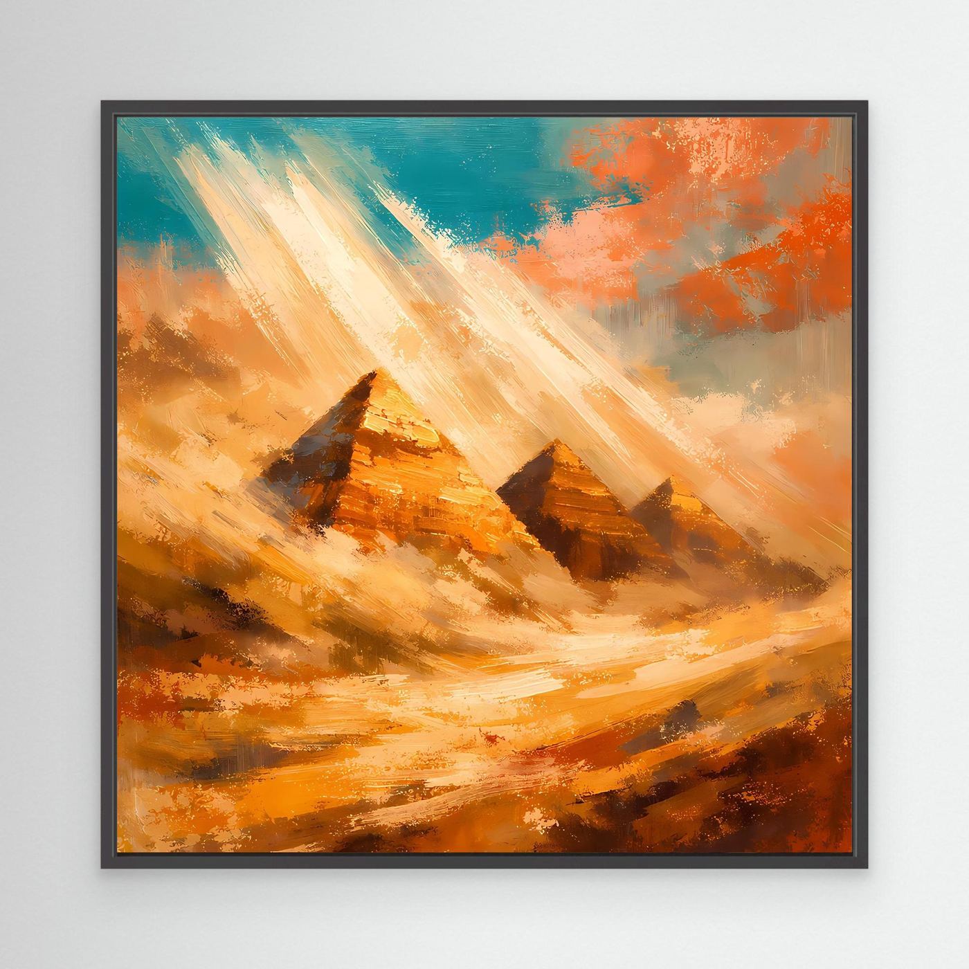Abstraktes Leinwand-Wandbild mit Pyramiden und Sonnenstrahlen in warmen Farben, im schwarzen Rahmen