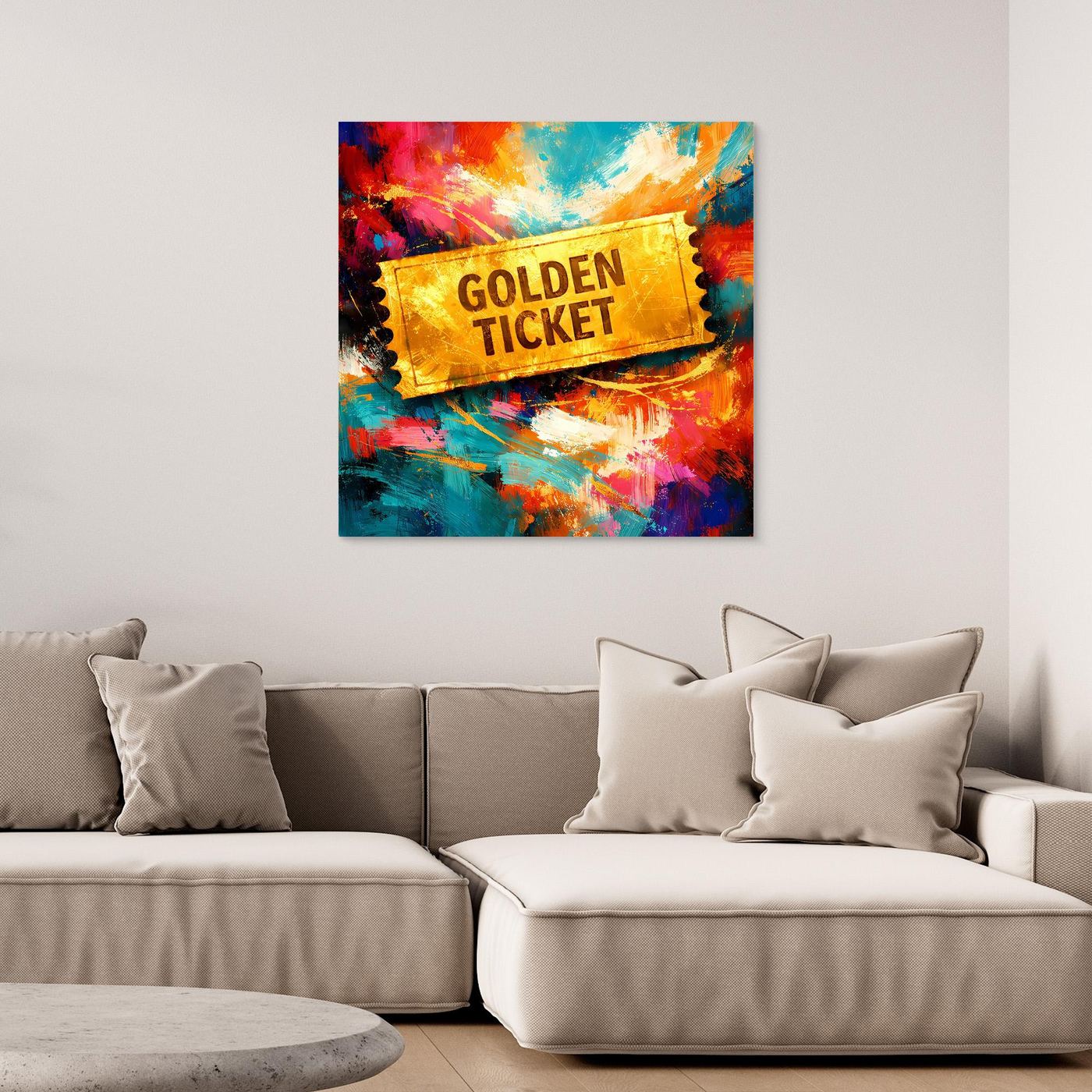 Abstraktes Leinwandbild mit goldenem „Golden Ticket“-Schriftzug und bunten Farbspritzern