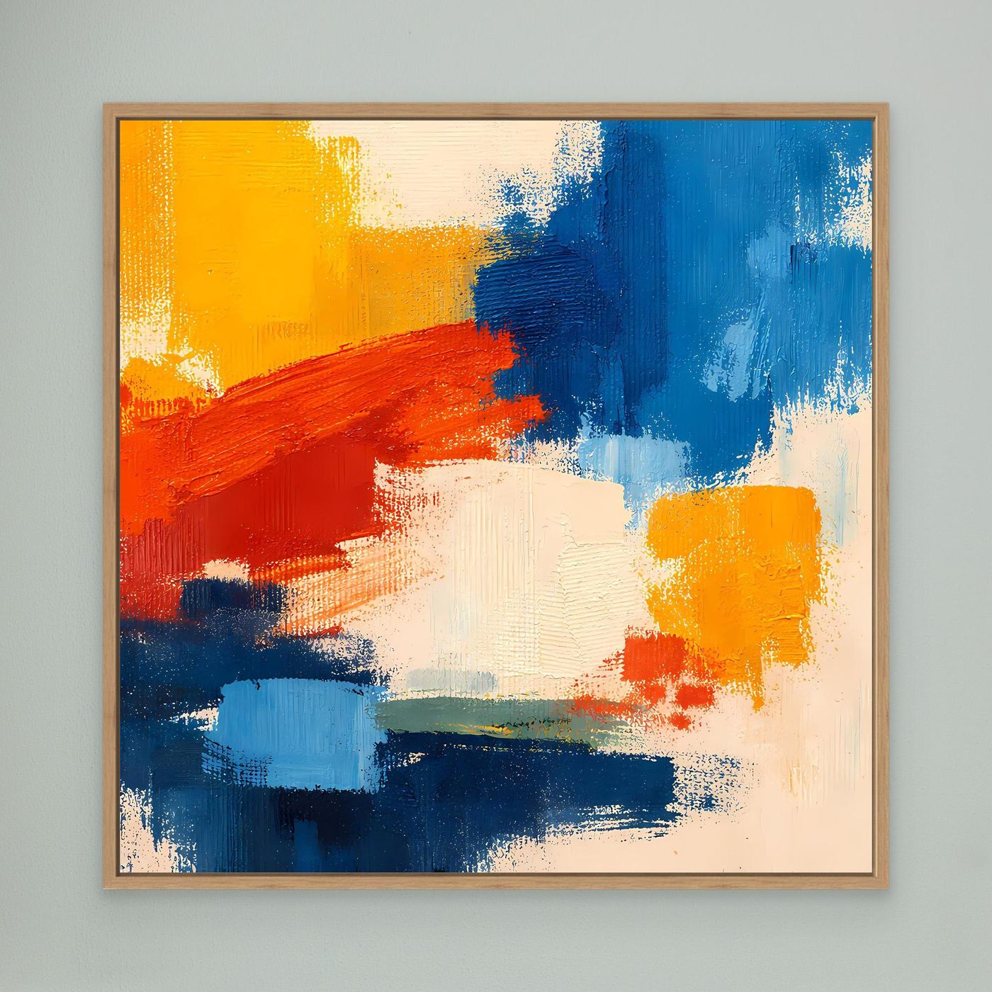 Abstract canvas wall art with yellow, red, and blue brushstrokes; light wood frame