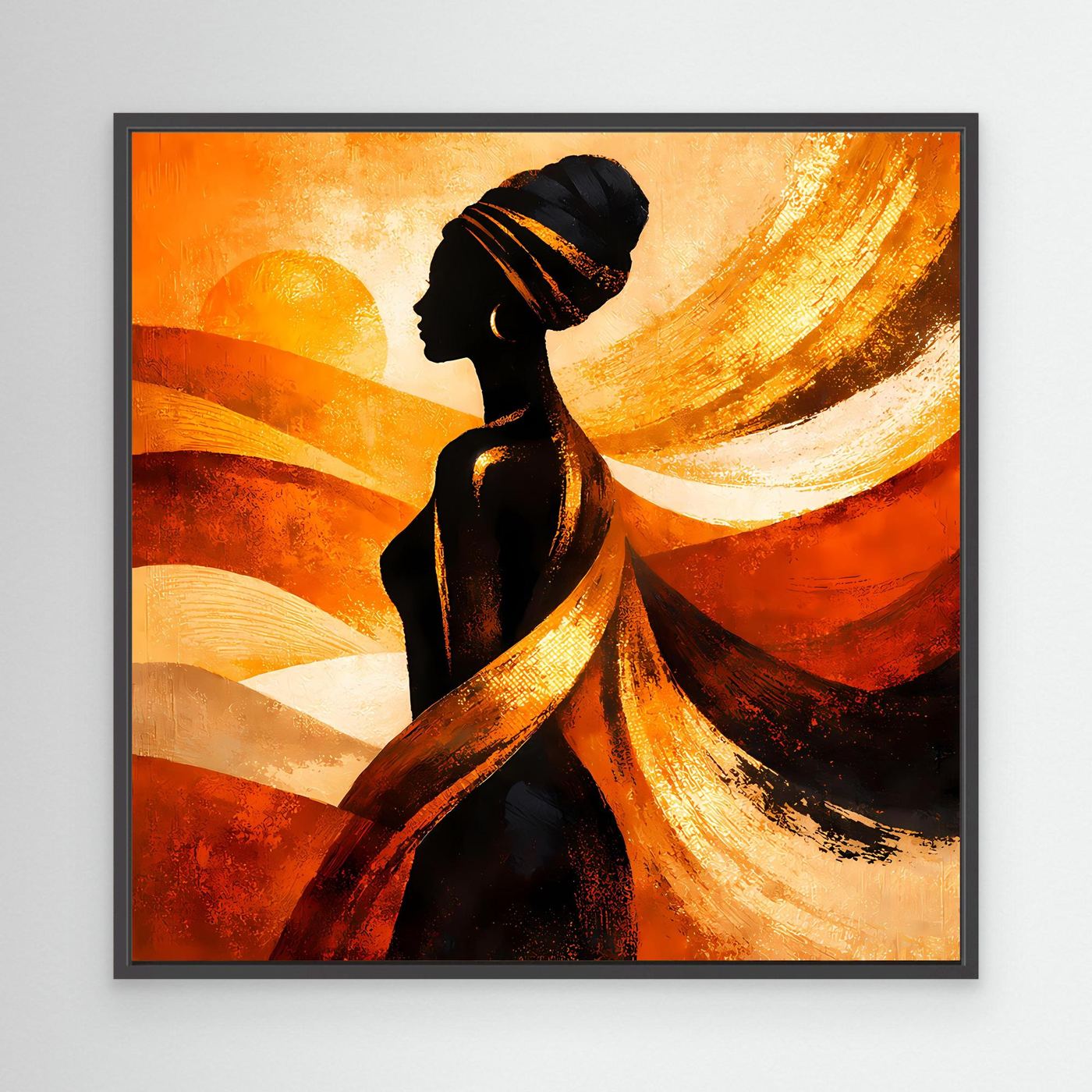 Leinwandbild mit Silhouette afrikanischer Frau, Gold-Orange Farbverläufe und helle Bögen, schwarzer Rahmen