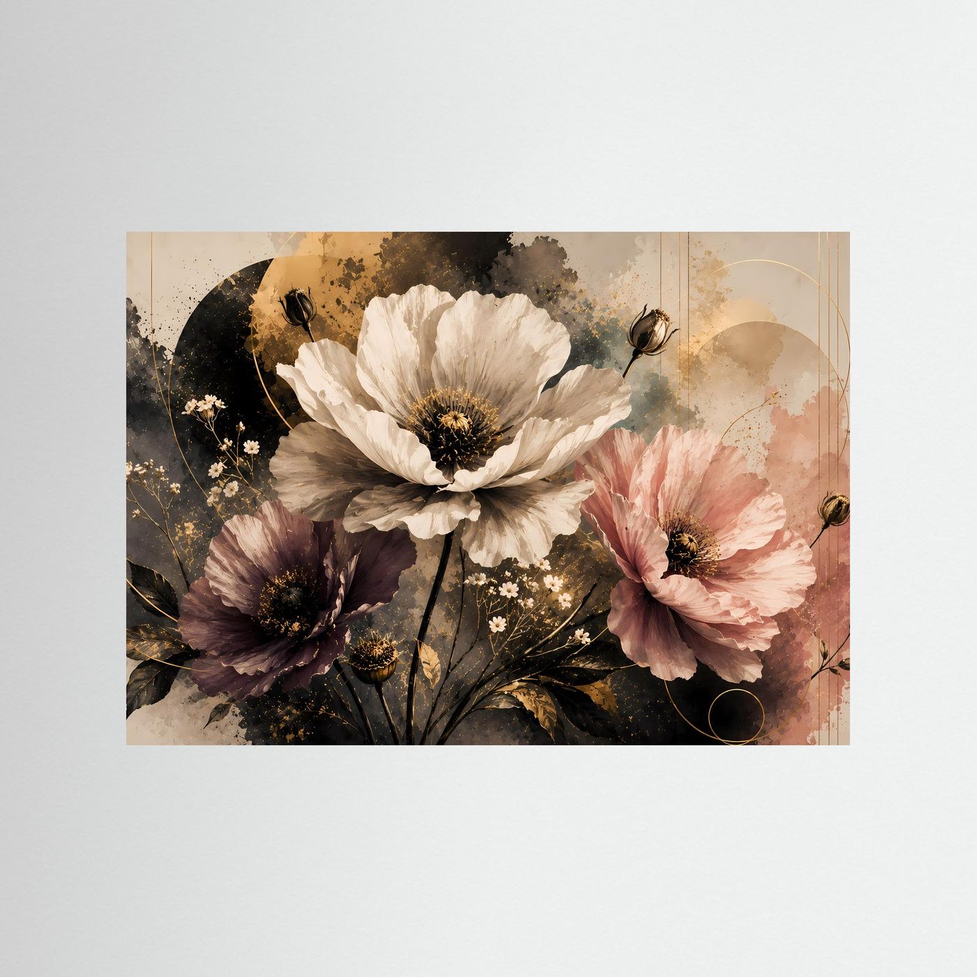 Querformat-Poster mit Mohnblumen in Creme, Rosa und Violett mit Goldakzenten