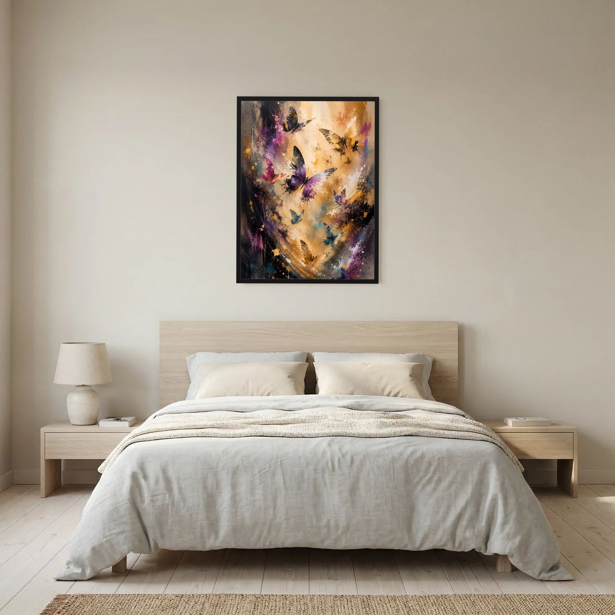 Hochformat-Poster: abstrakte Schmetterlinge in Gold und Violett, schwarzer Rahmen