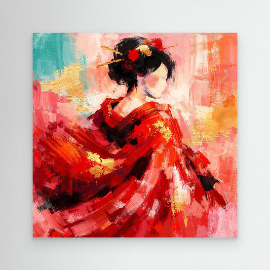 Leinwandbild mit Geisha-Porträt in Rot, schwarzem Haar und goldenen Akzenten