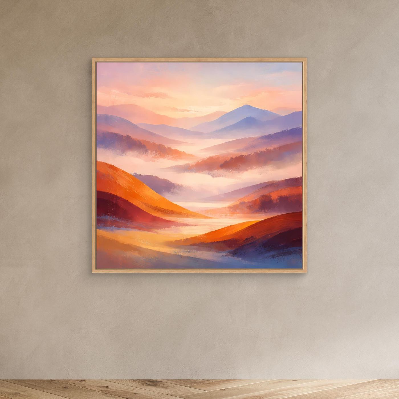 Leinwandbild Berglandschaft in Pastell mit orangefarbenen Hügeln und Eichenrahmen