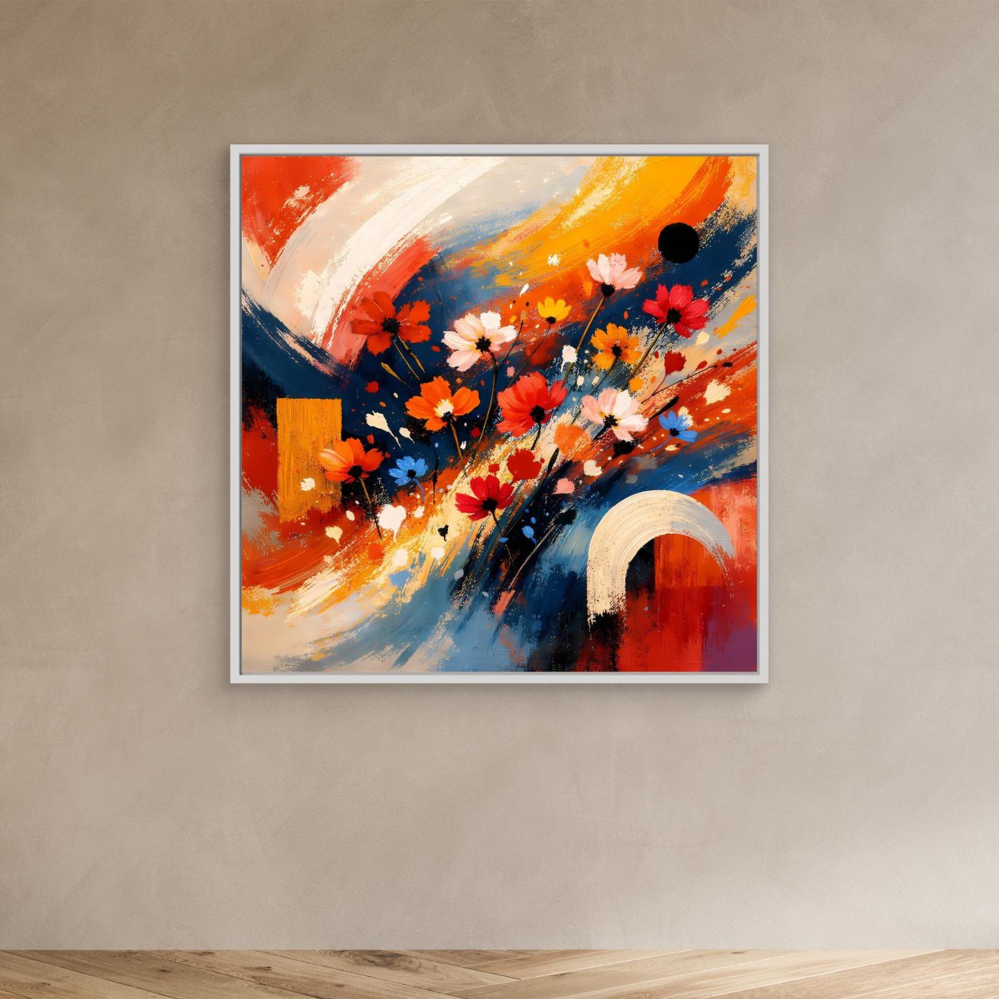 Abstraktes Leinwandbild mit bunten Blumen, weißer Rahmen, rot, blau und gelbe Farbtöne