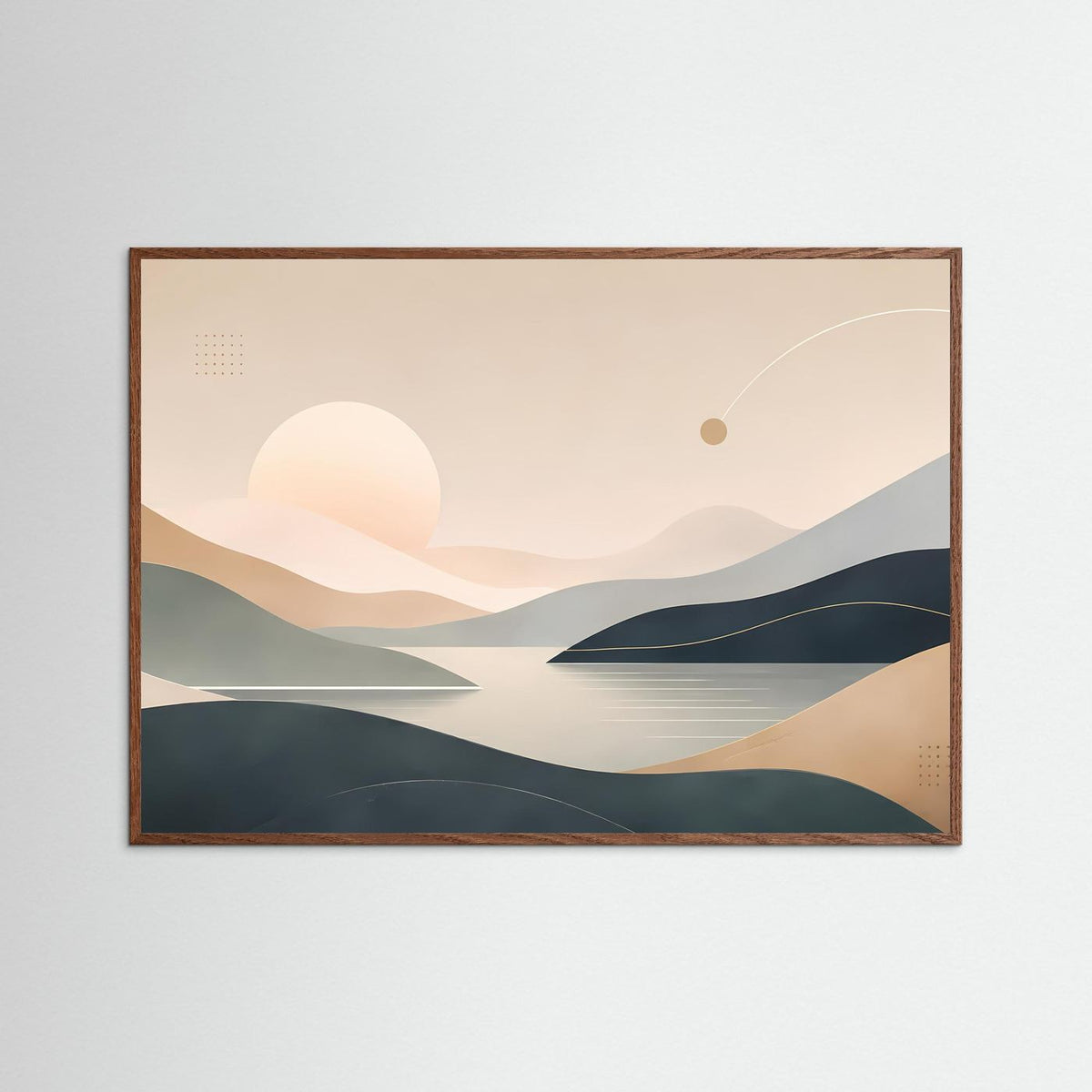 Horizontales Poster mit abstrakter Landschaft, Sonne, Beige- und Blautönen, dunkler Eichenrahmen