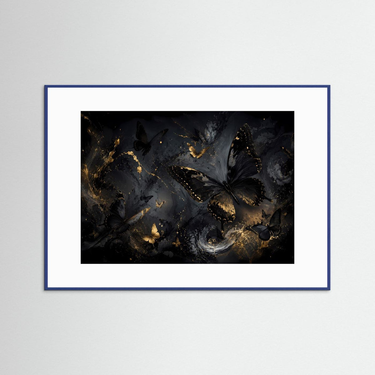 Schmetterlings-Wandbild im blauen Rahmen mit schwarzem und goldfarbenem Schmetterlingsmotiv