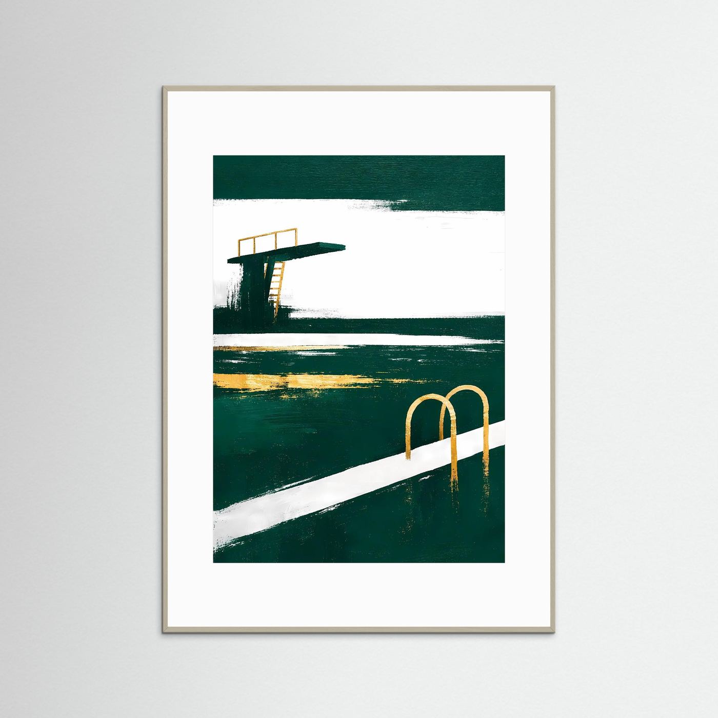 Gerahmtes Hochformat-Poster mit grünem Pool, weißer Fläche und goldener Badeleiter, grauer Rahmen