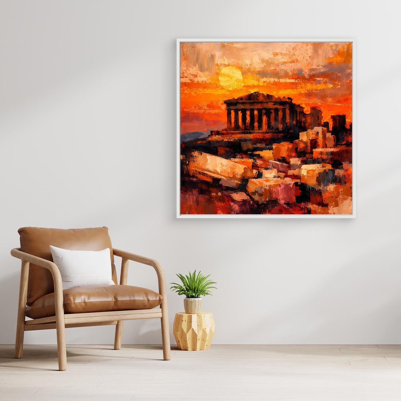 Leinwandbild mit Akropolis-Sonnenuntergang in Orange, rechteckig, mit weißem Rahmen