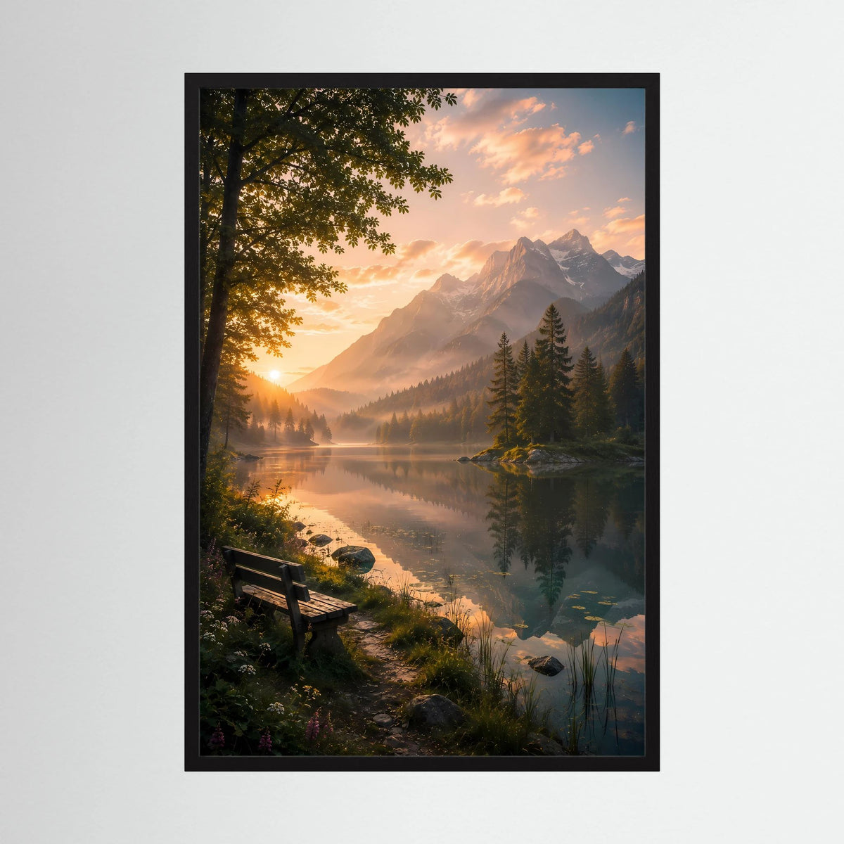Bergsee im Sonnenuntergang | Ruhige Alpenlandschaft mit Sitzbank | Poster Hochformat