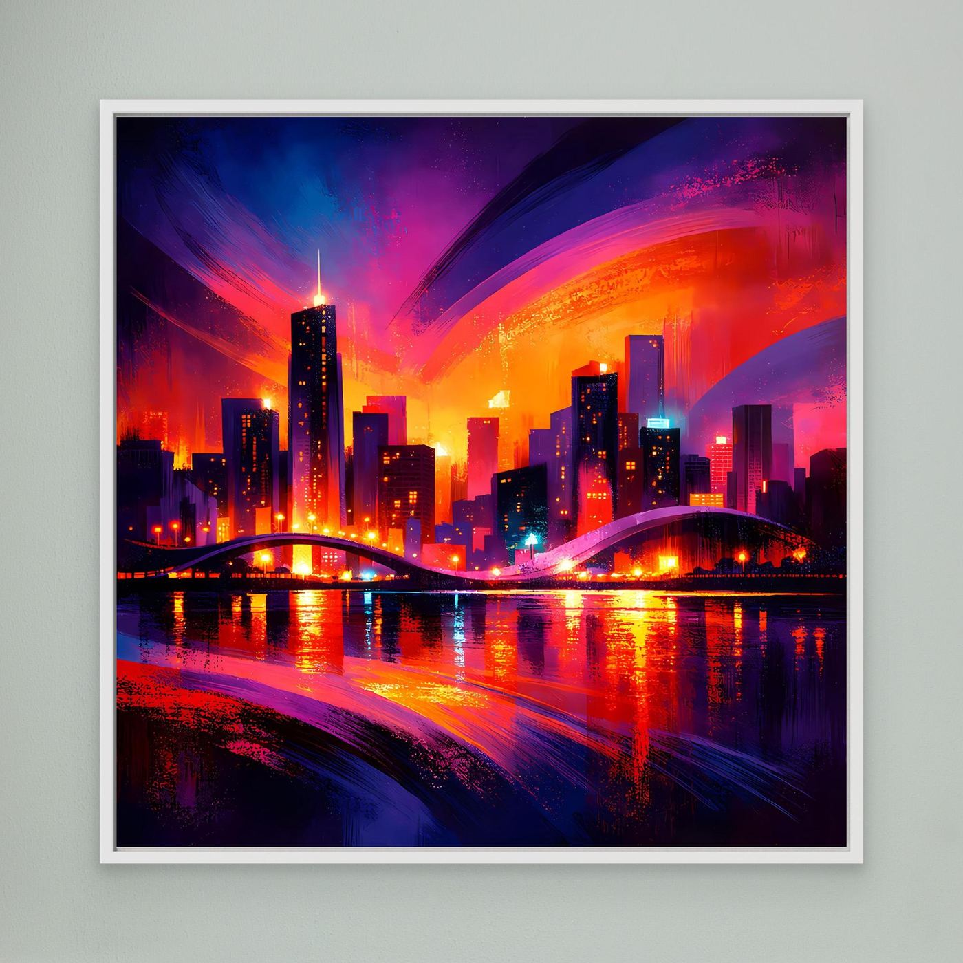Großstadt-Wandbild mit Skyline bei Nacht, weiß gerahmt, leuchtende Neonfarben