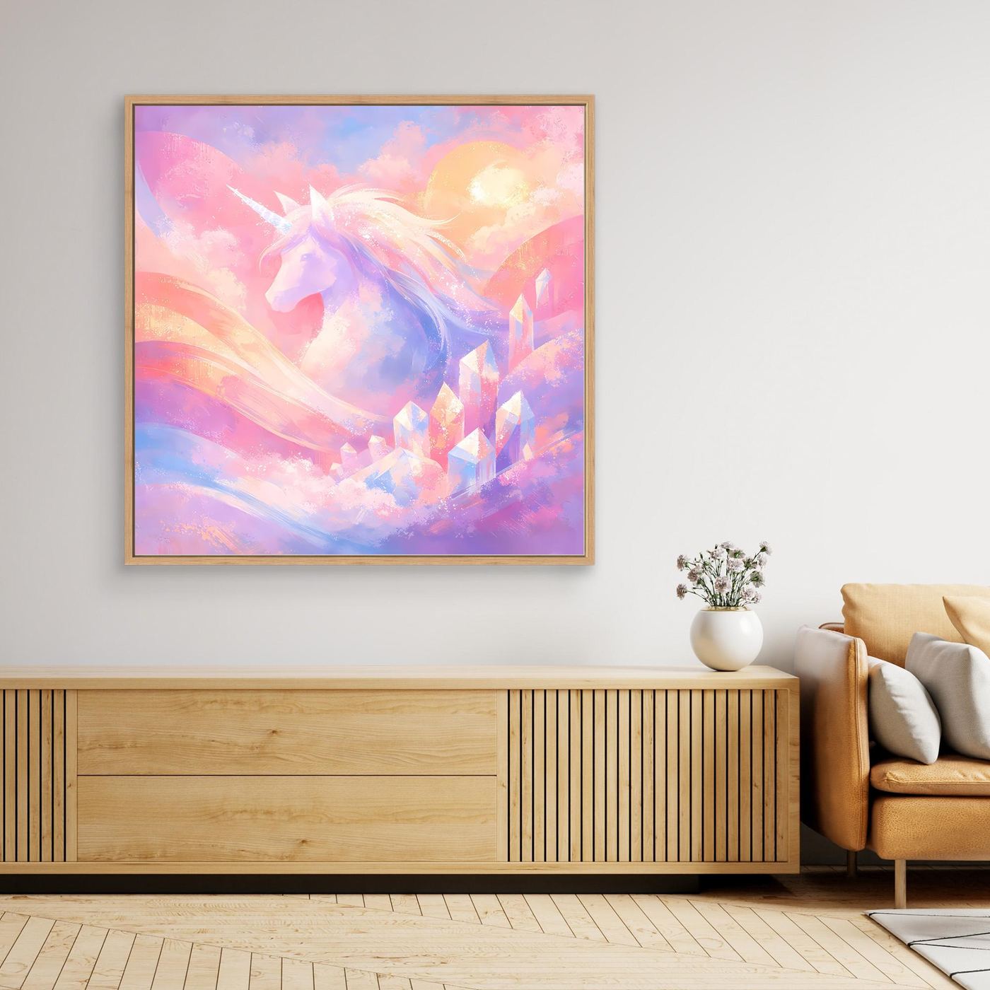 Leinwandbild mit magischem Einhorn, abstraktes Fantasy-Motiv, Eichenrahmen