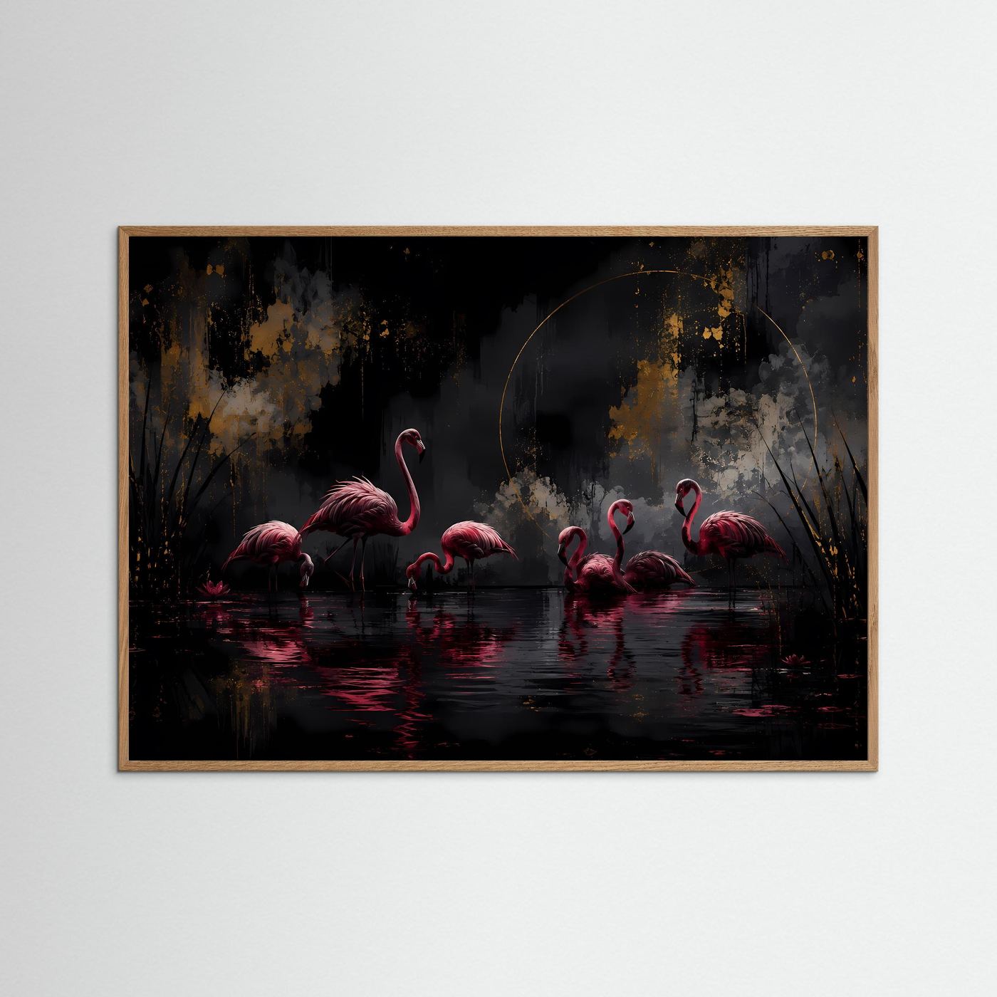 Flamingos in der Dunkelheit | Elegante Schwarz-Gold Wandkunst mit Pink – Modernes Poster Querformat