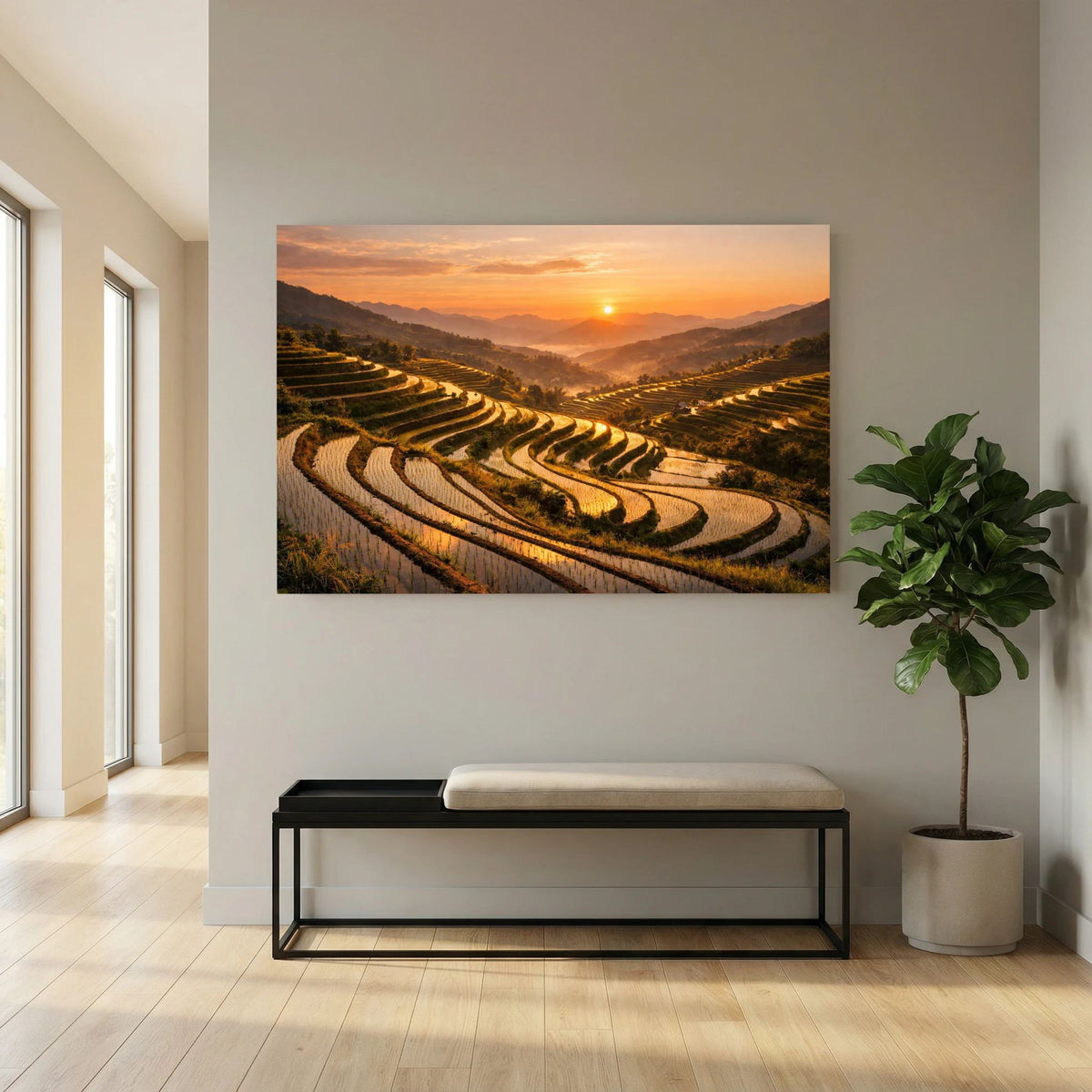 Wandbild mit Reisterrassen im Sonnenuntergang, Landschaftsmotiv im Querformat