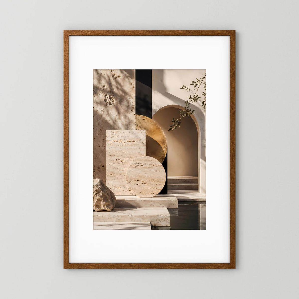 Architektur-Kunstposter: beige mit goldener Halbkreisform und Bogen