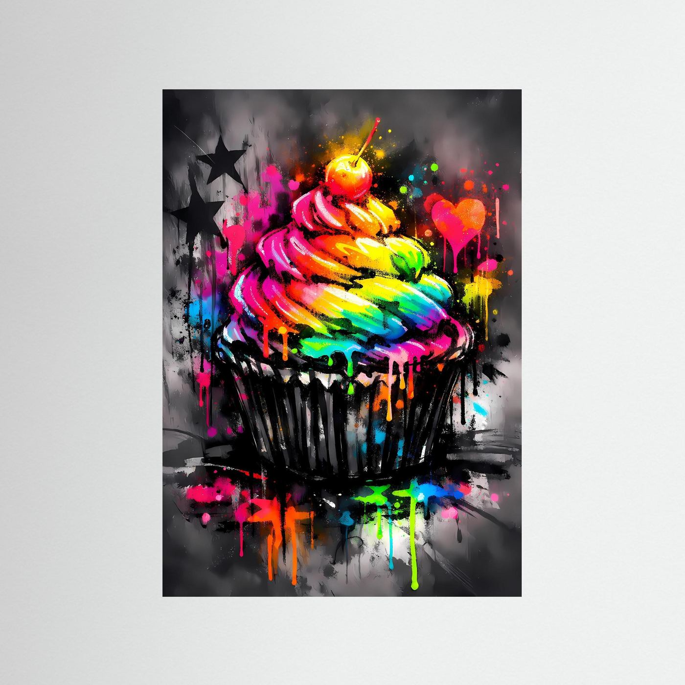 Süße Farbexplosion | Regenbogen Cupcake Poster in Neon-Optik & Graffiti-Style | Abstraktes Kunstposter Hochformat