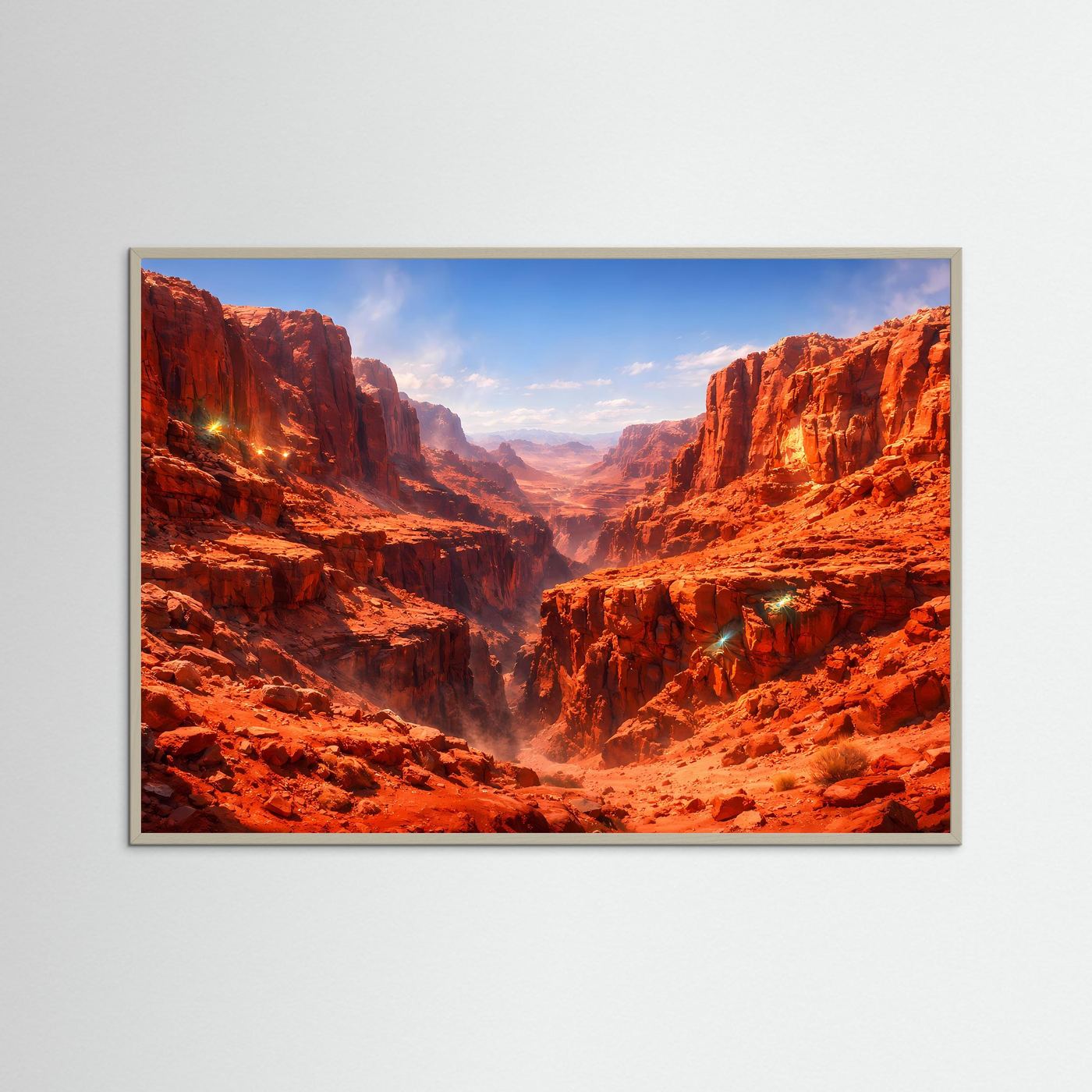 Naturposter im Querformat: roter Canyon mit Schlucht, gerahmt in hellem Holzrahmen