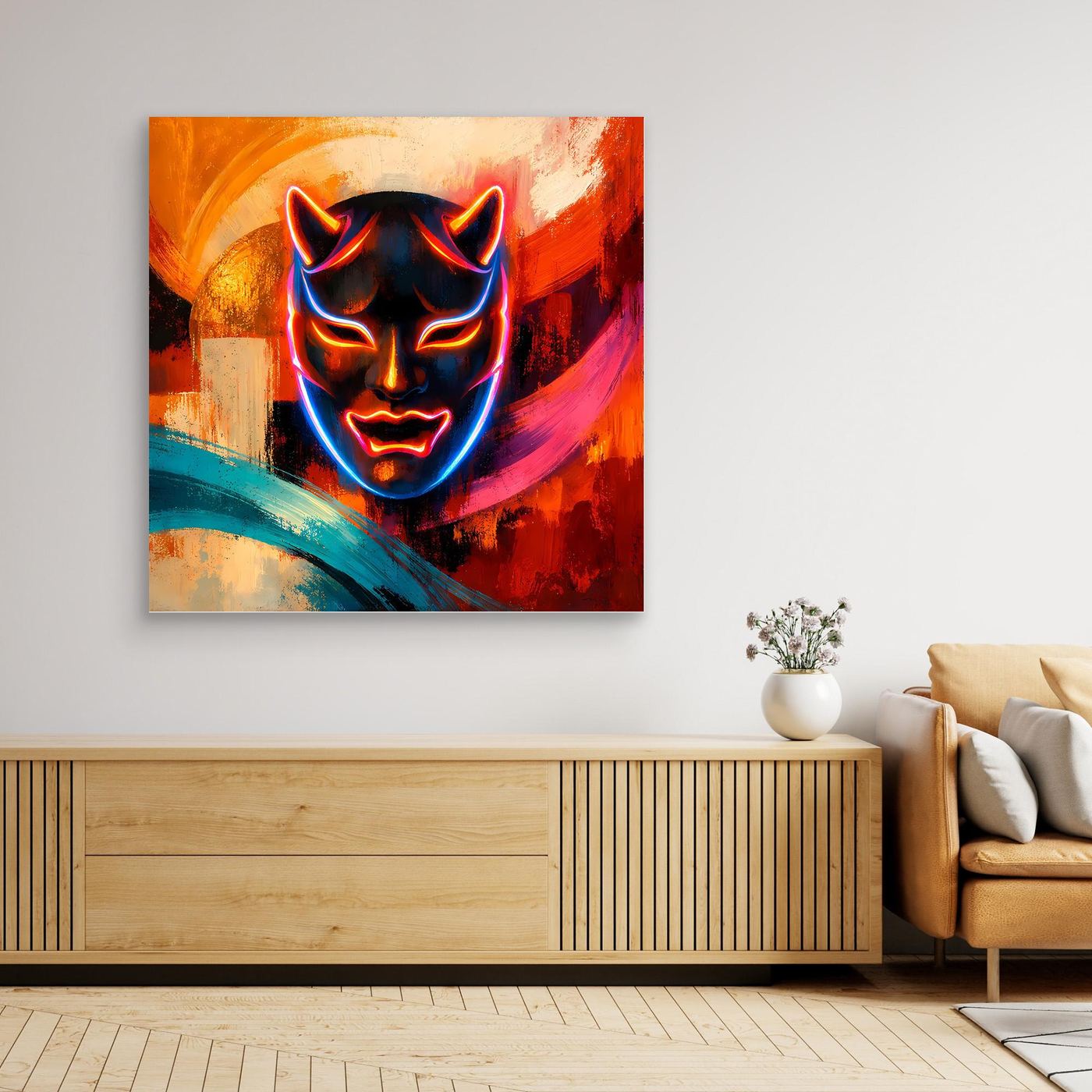 Gerahmtes Leinwandbild mit Oni-Maske, orange Hintergrund, türkis-blauer Pinselstrich und Neon-Glow