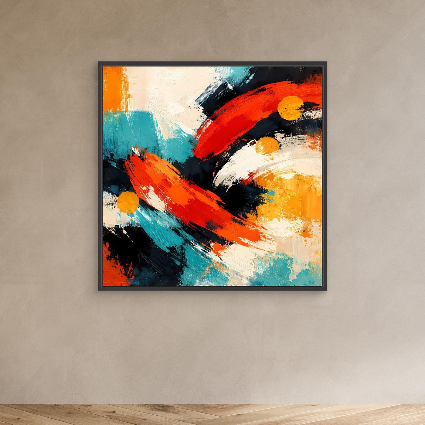 Abstraktes Leinwandbild mit orange-roten, türkisfarbenen und schwarzen Pinselstrichen