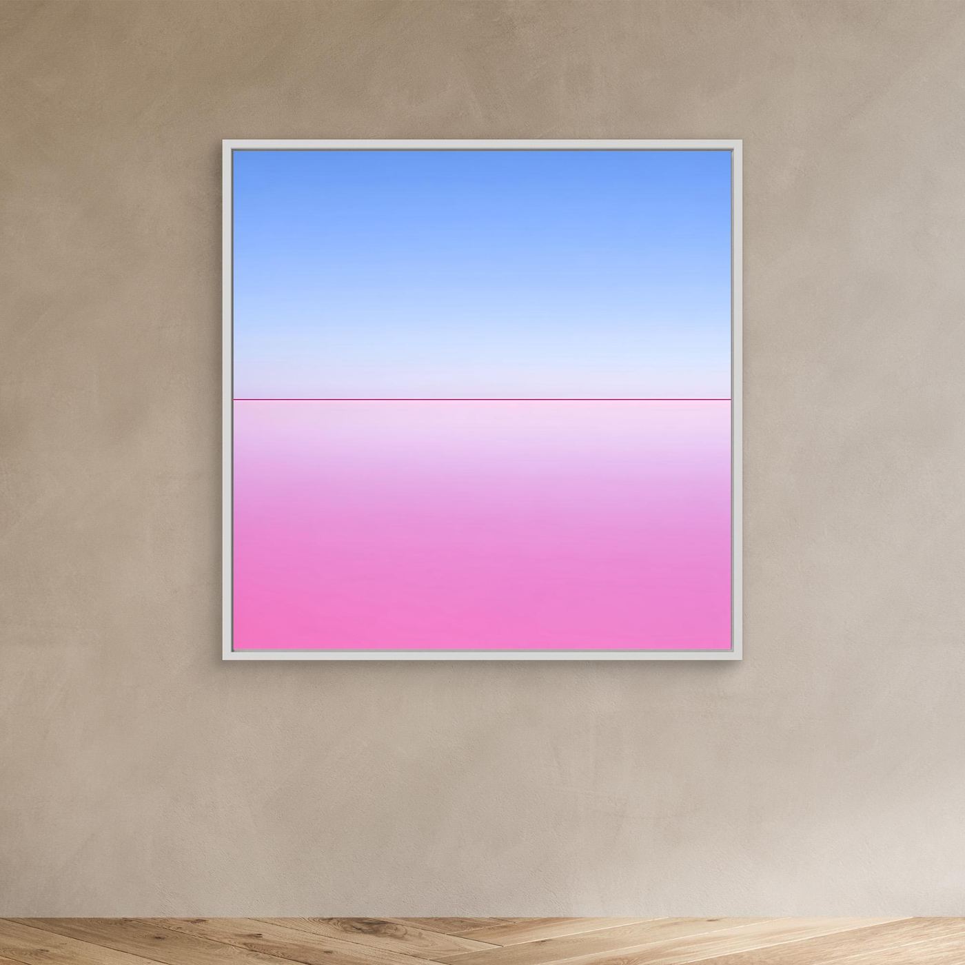 Leinwandbild mit abstraktem Horizont, Blau- und Rosatöne, grauer Rahmen
