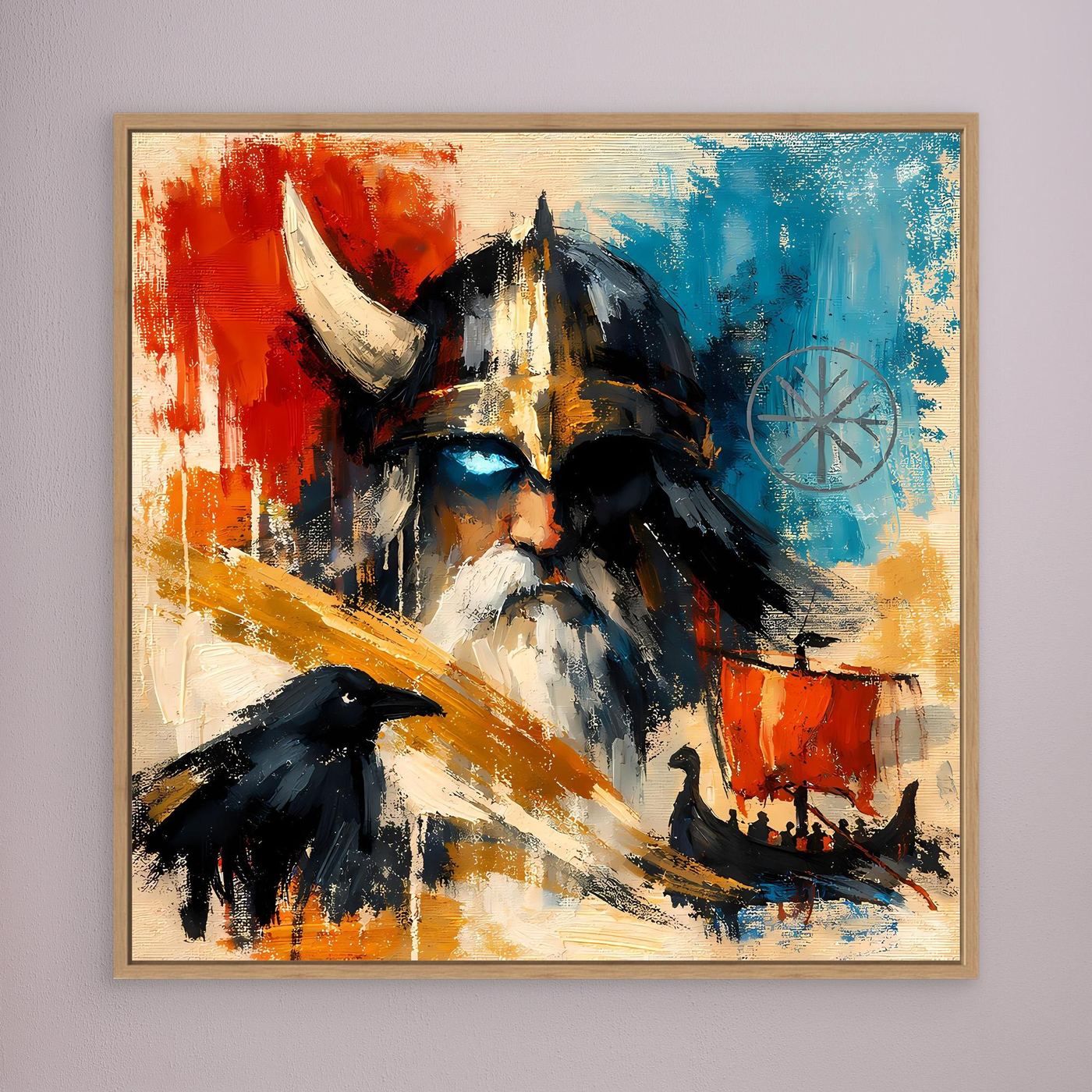 Abstract Nordic warrior wall art with raven, oak-framed red and blue brush strokes