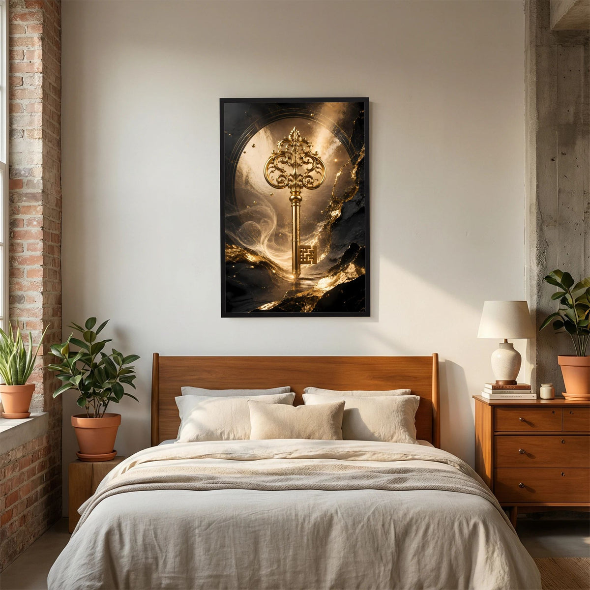 Hochformatiges Kunstposter mit goldenem Schlüssel im dunklen schwarzen Rahmen