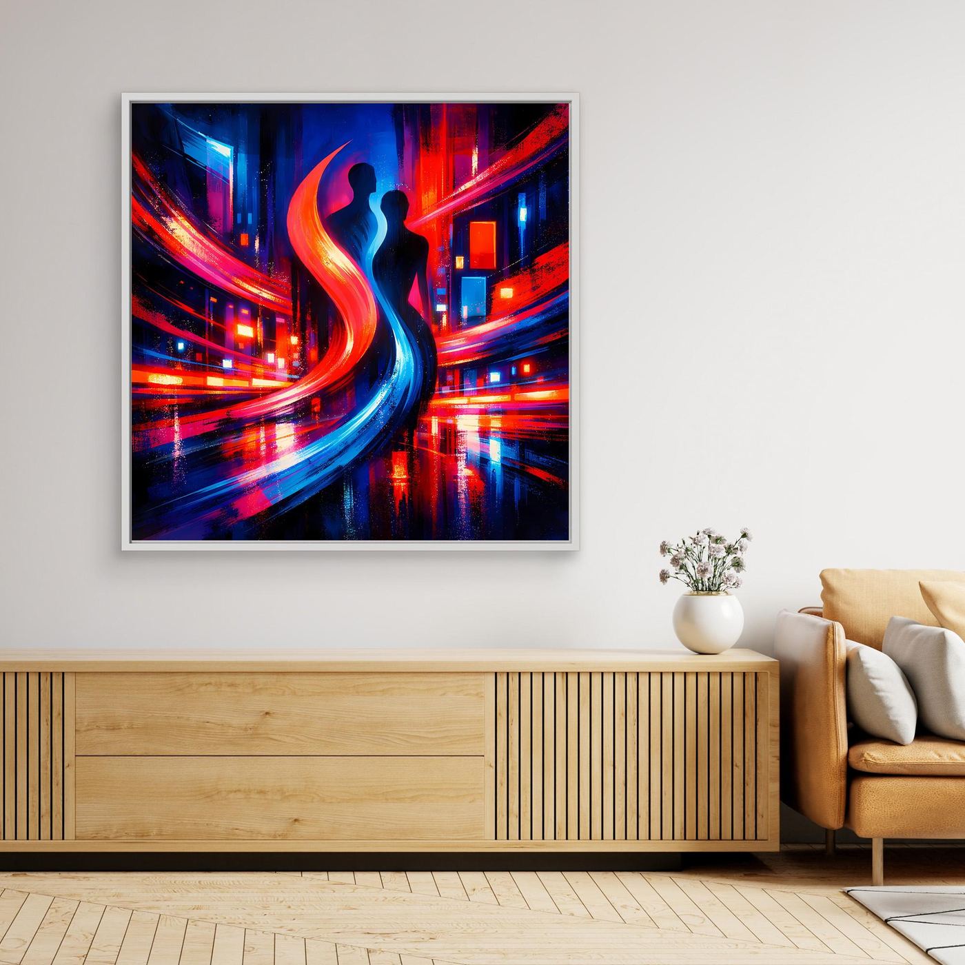Gerahmtes abstraktes Cyberpunk-Wandbild mit Neonfarben und Silhouette, weißer Rahmen