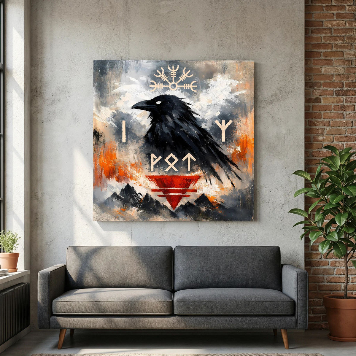 Wandbild mit schwarzem Rabenmotiv, Runen und rotem Dreieck, abstrakter Grau-Orange-Look