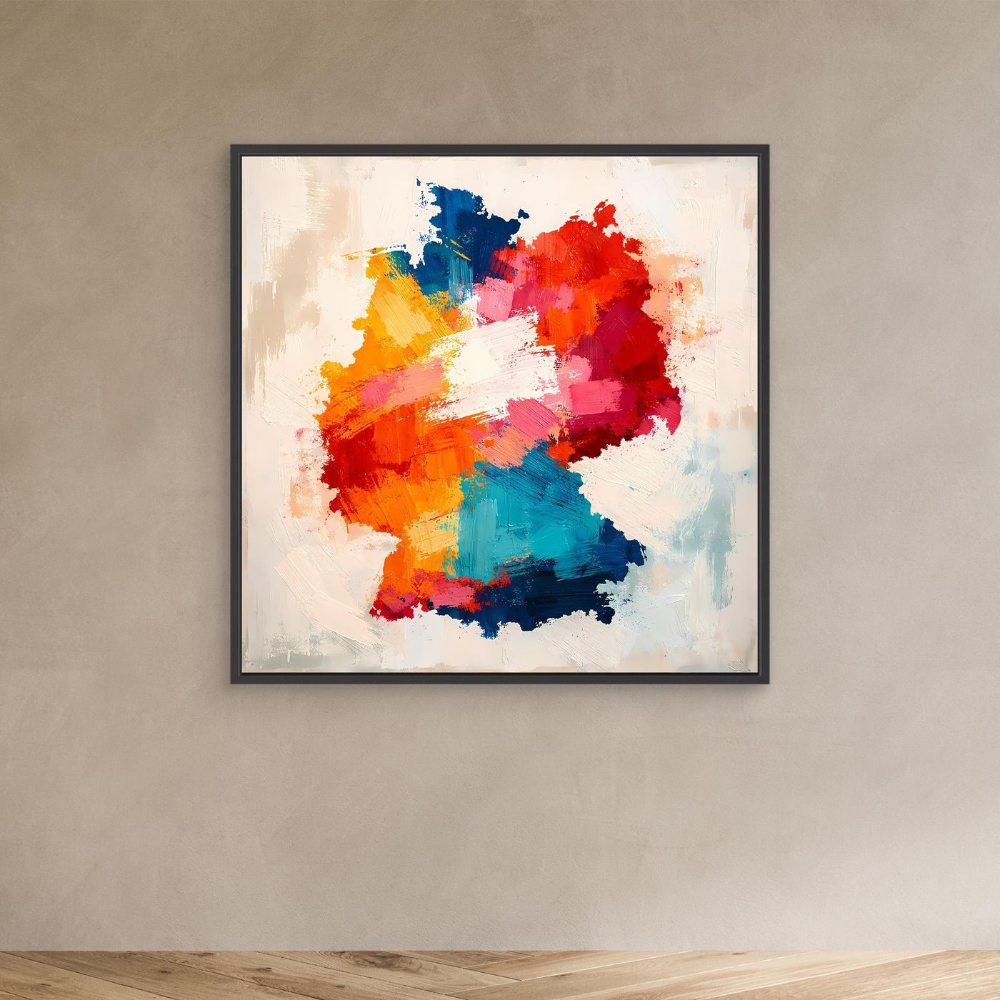 Abstract Germany map canvas wall art with black frame, multicolor brushstroke silhouette